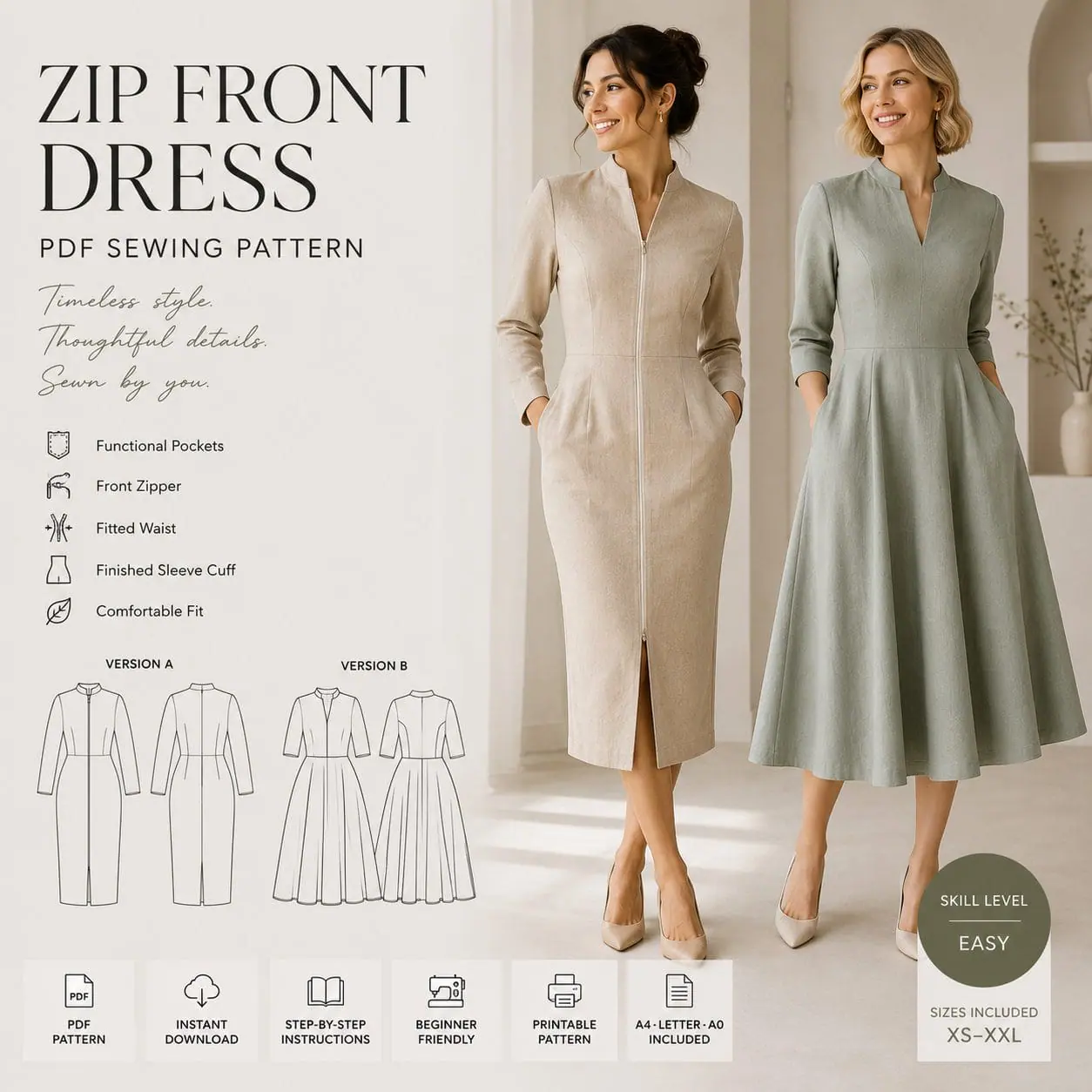 Women's Zip Front & Fit-and-Flare Dress Sewing Pattern PDF 1 Women's Zip Front & Fit-and-Flare Dress Sewing Pattern PDF