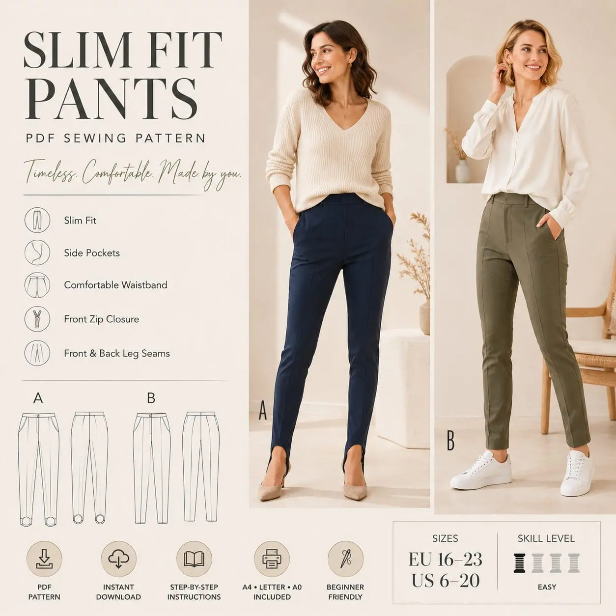 Women's Slim Fit Pants PDF Sewing Pattern 1 Women's Slim Fit Pants PDF Sewing Pattern