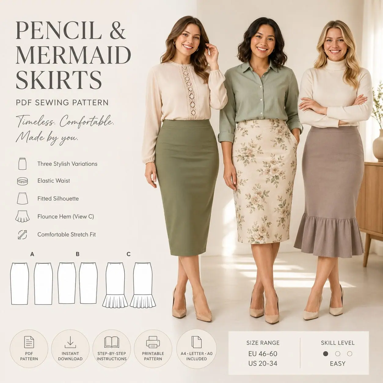 Women's Pencil & Mermaid Skirt PDF Sewing Pattern 1 Women's Pencil & Mermaid Skirt PDF Sewing Pattern