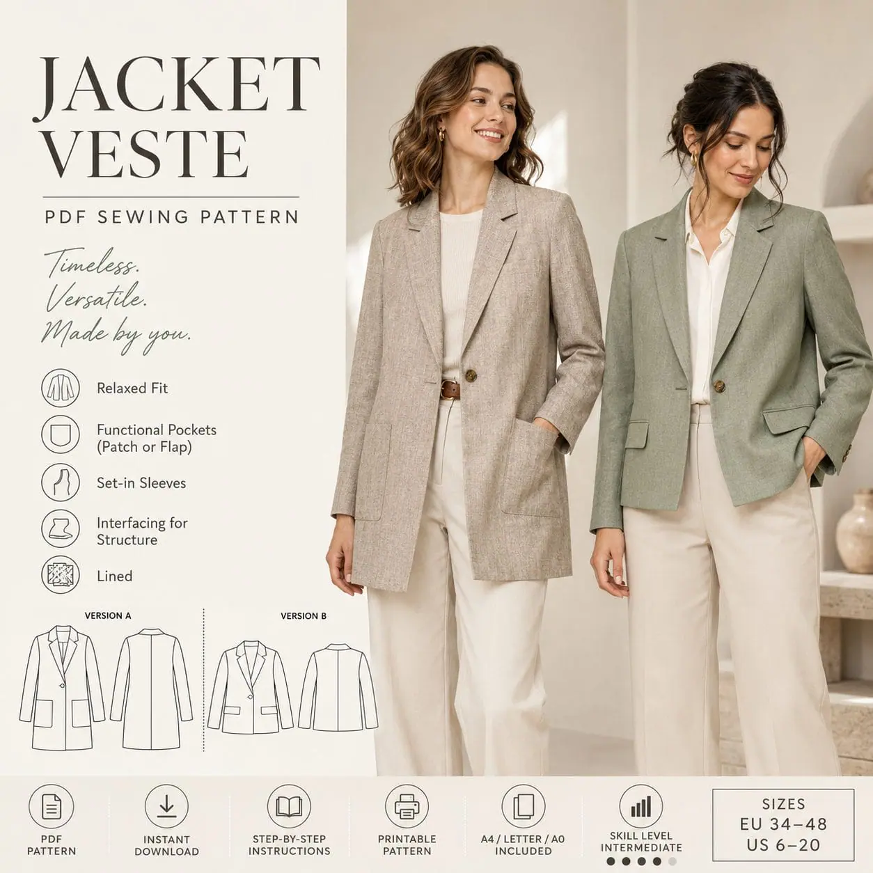 Women's Tailored Blazer Sewing Pattern PDF 1 Women's Tailored Blazer Sewing Pattern PDF