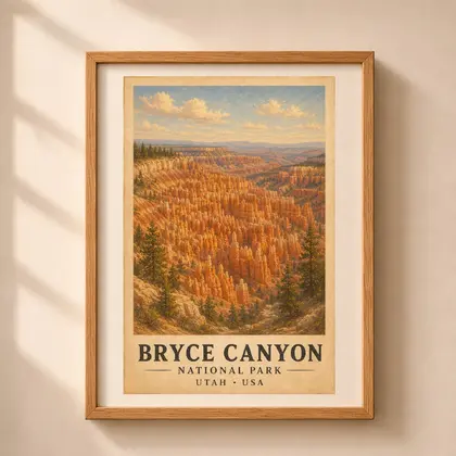 Vintage oil style illustration of Bryce Canyon National Park featuring golden hoodoos and pine trees in a light wood frame.