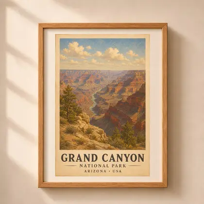 Grand Canyon National Park vintage poster in a light wood frame hanging on a warm beige wall with soft natural shadows.
