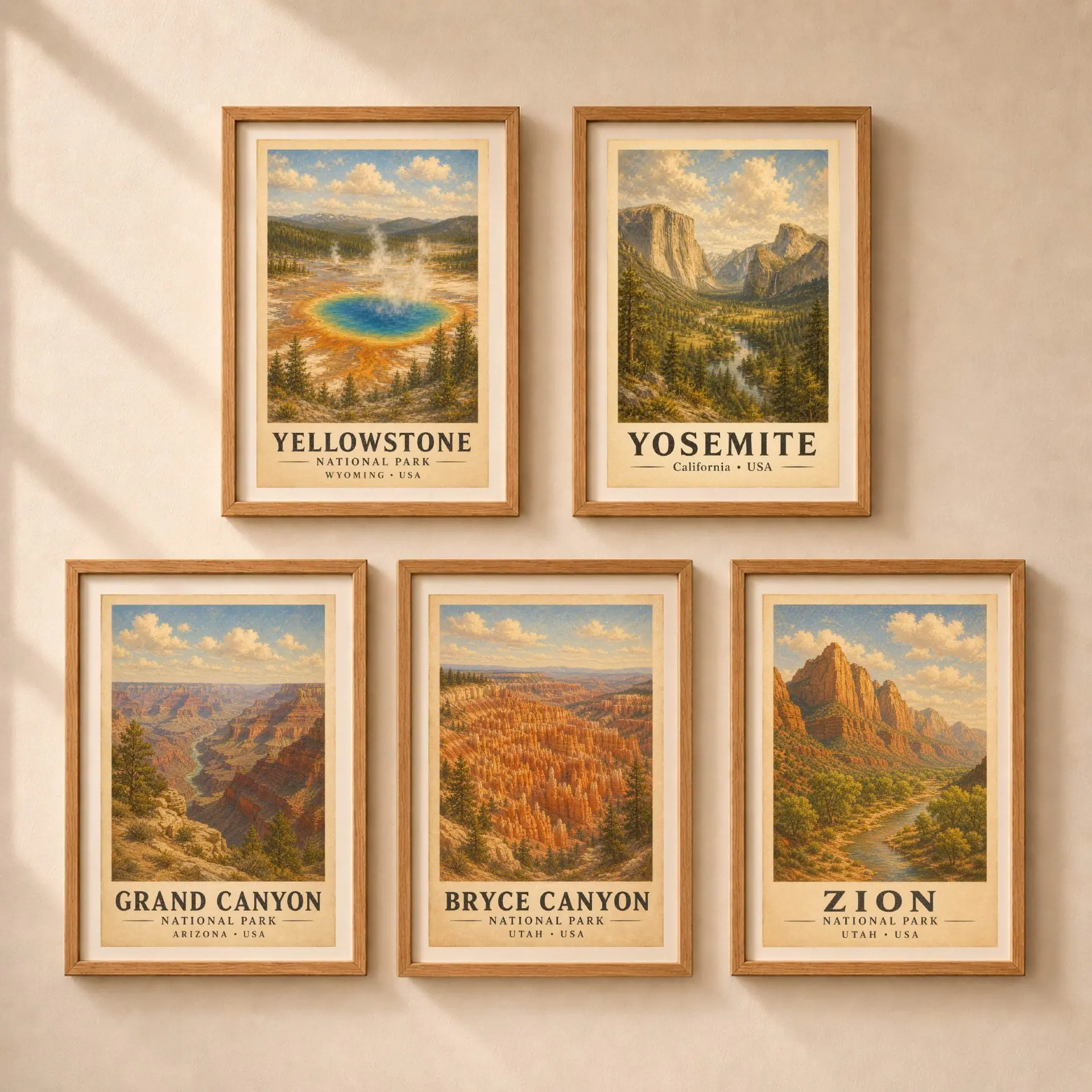 Yellowstone National Park Vintage Poster Art Print 9 Five framed national park vintage posters arranged in a gallery wall grid including Yellowstone, Yosemite, Grand Canyon, Bryce Canyon, and Zion.