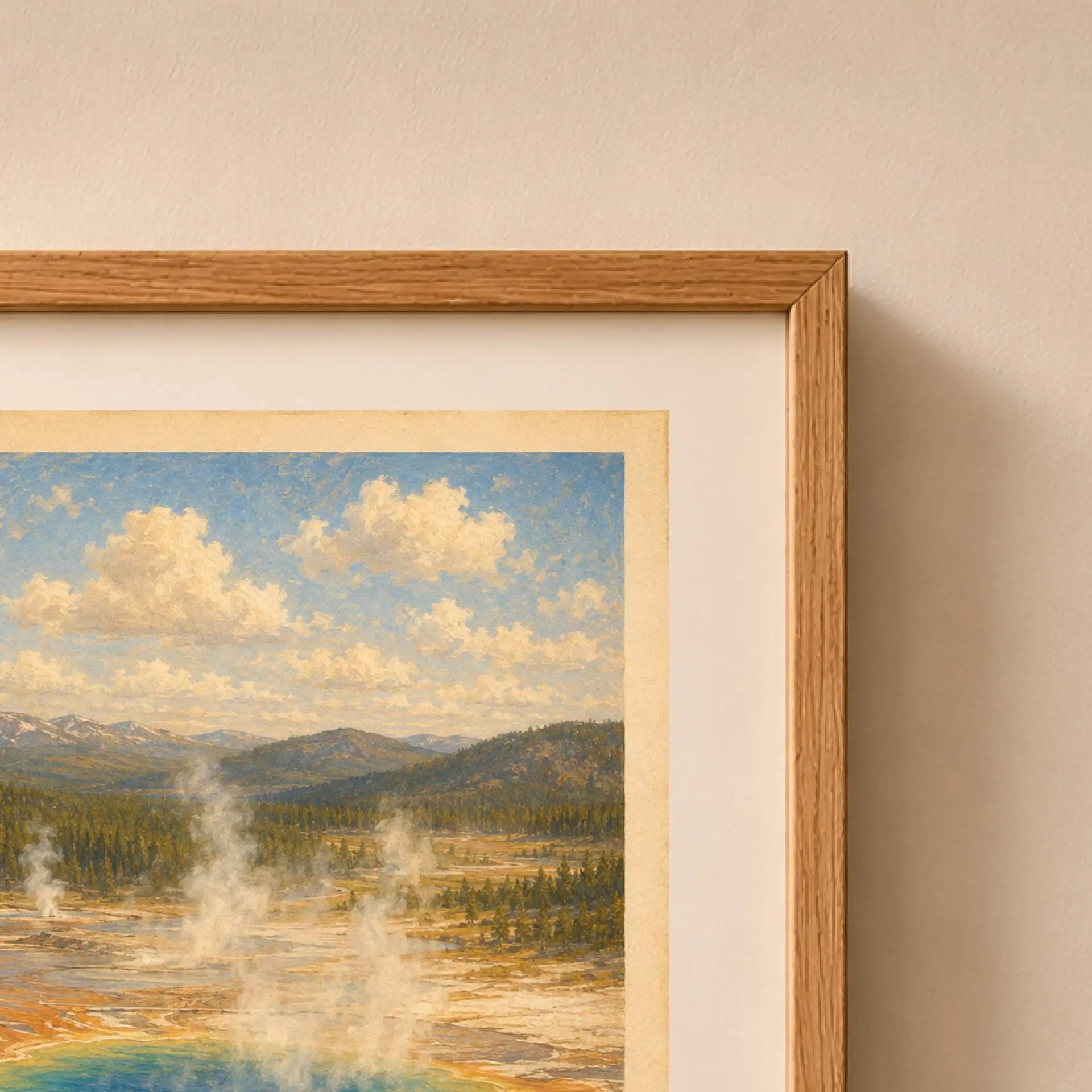 Yellowstone National Park Vintage Poster Art Print 6 Close up detail of the framed Yellowstone poster corner showing painterly clouds, mountain textures, and oak frame edge.