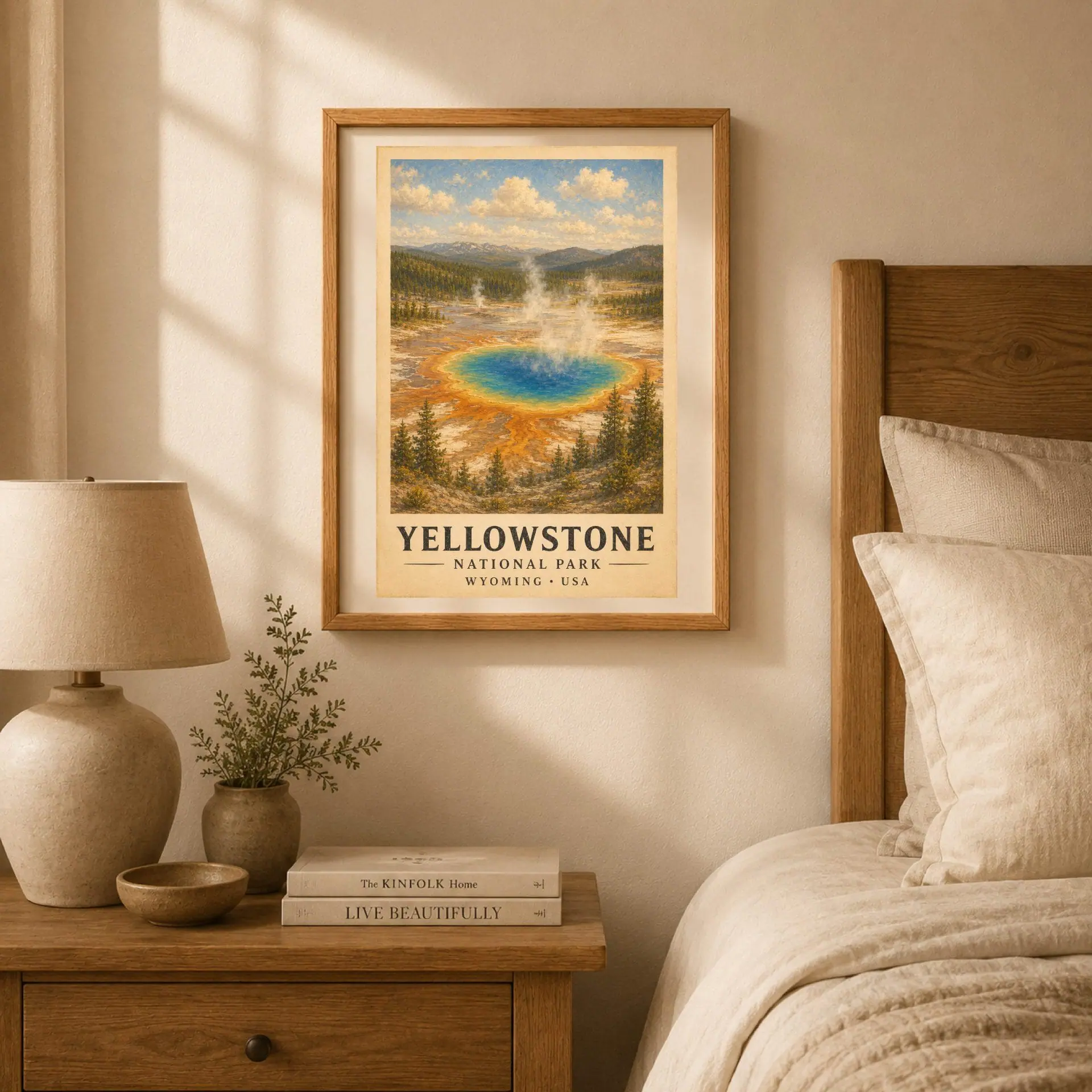 Yellowstone National Park Vintage Poster Art Print 3 Bedroom wall decor featuring a framed Yellowstone vintage print hanging above a wooden bedside table with a lamp.