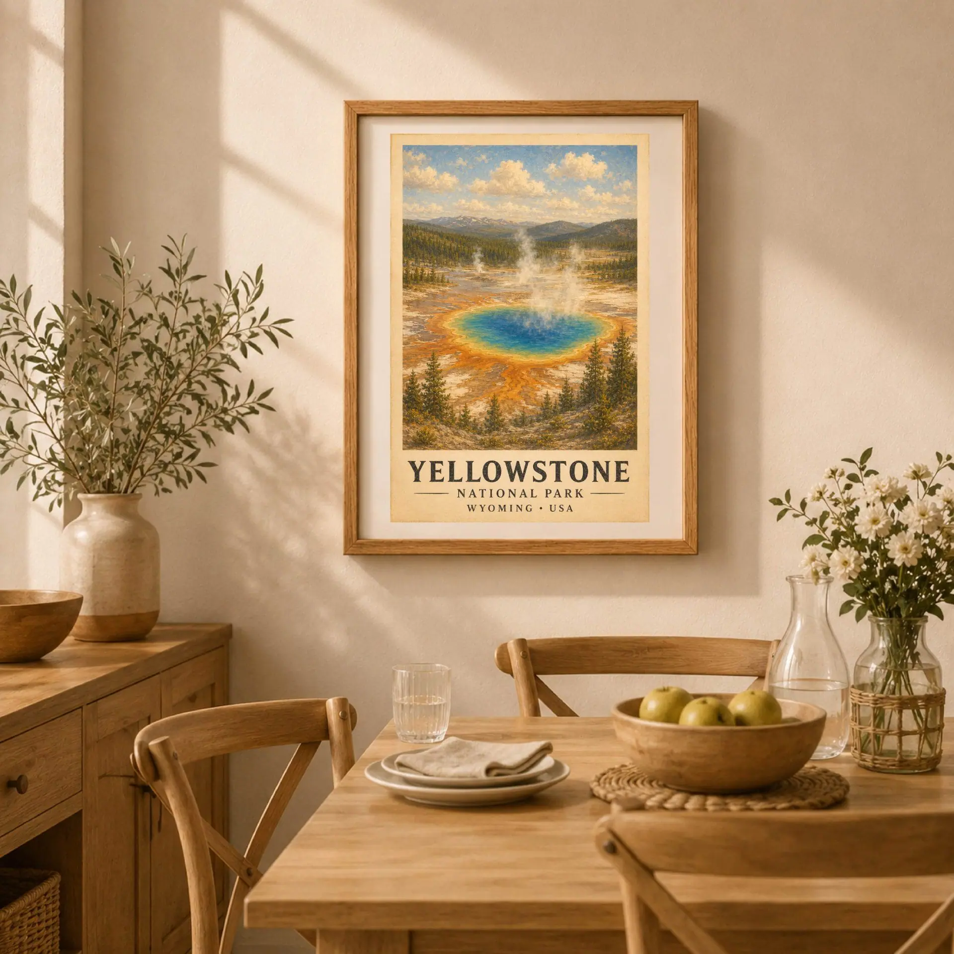 Yellowstone National Park Vintage Poster Art Print 5 Dining room setup with a wooden dining table, chairs, and a framed Yellowstone vintage poster hanging on a sunlit wall.