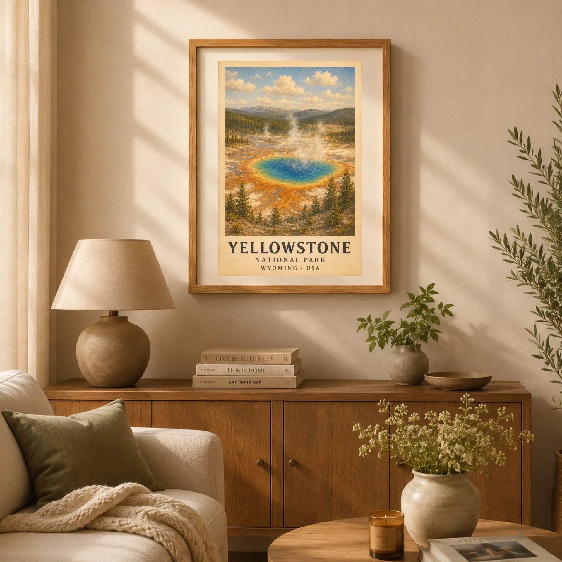Yellowstone National Park Vintage Poster Art Print 2 Warm living room interior with a framed Yellowstone vintage print hanging over a wooden credenza with a lamp and vase.