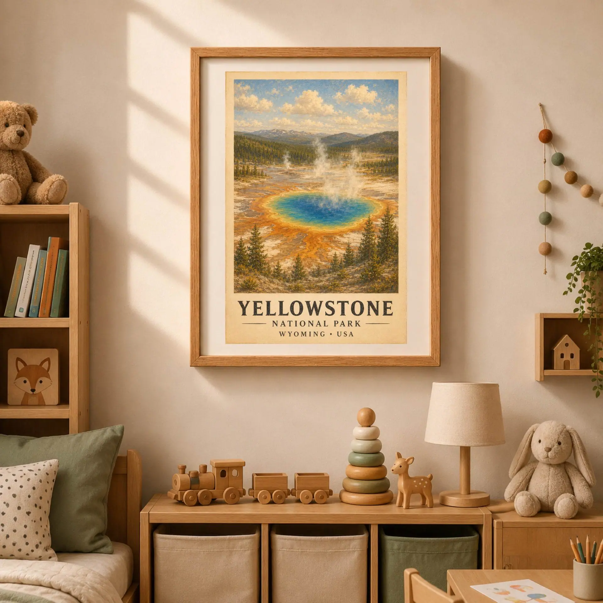 Yellowstone National Park Vintage Poster Art Print 4 Nursery room setup with a framed Yellowstone vintage print hanging above wooden toys and low shelving units.