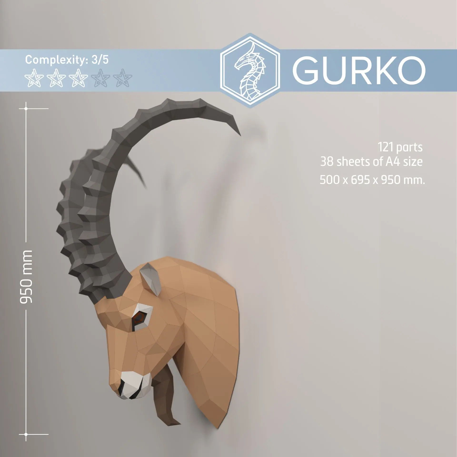 Mountain Goat Head Papercraft, Digital Template, PDF 2 Mountain Goat Head Papercraft, Digital Template, PDF - Image 2