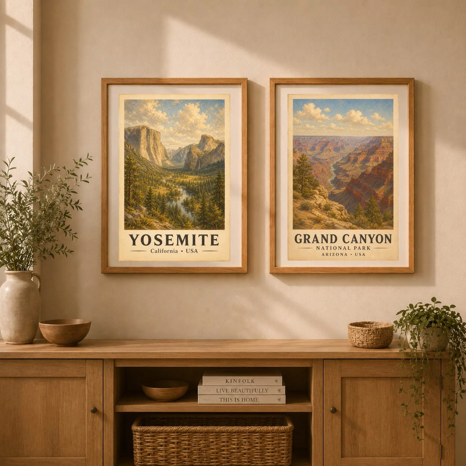 Yosemite National Park Vintage Poster Art Nature Print 8 Two framed national park prints side by side featuring Yosemite and Grand Canyon vintage art above a wooden console table.
