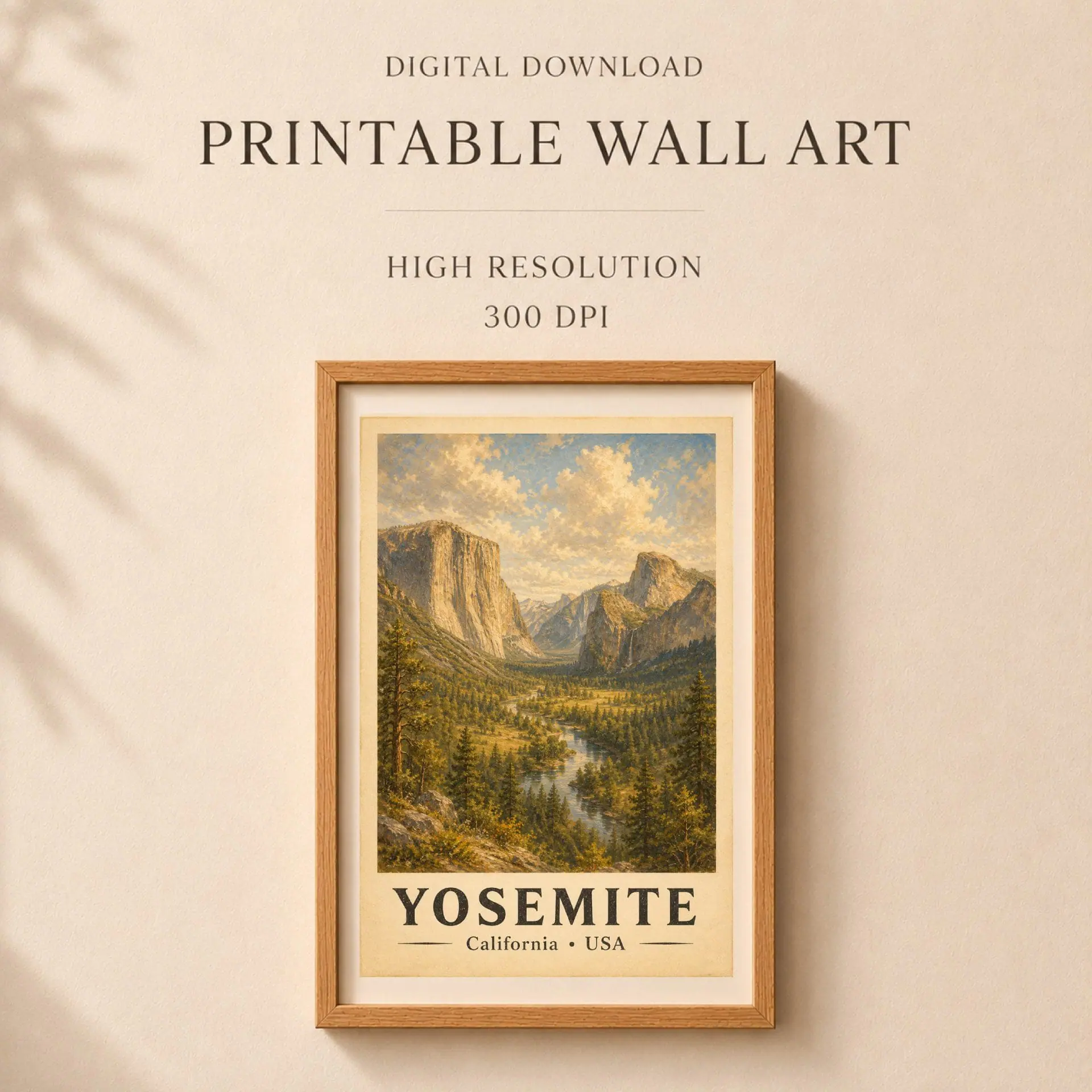 Yosemite National Park Vintage Poster Art Nature Print 7 Informational graphic with framed Yosemite print stating printable wall art high resolution 300 DPI.
