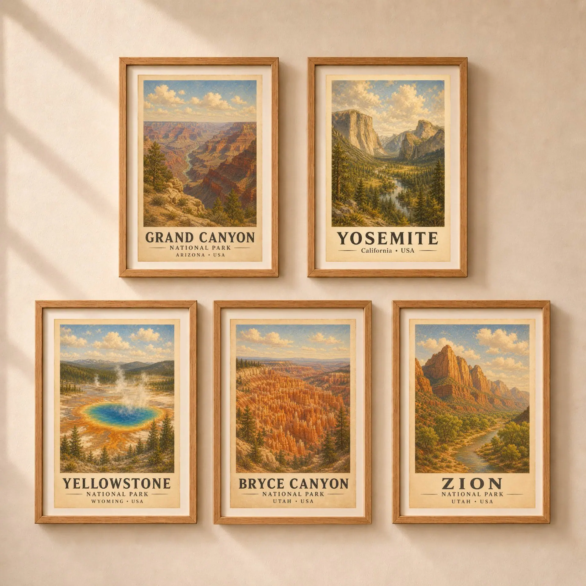 Yosemite National Park Vintage Poster Art Nature Print 9 Five framed national park vintage posters arranged in a gallery wall layout including Grand Canyon Yosemite Yellowstone Bryce Canyon and Zion.