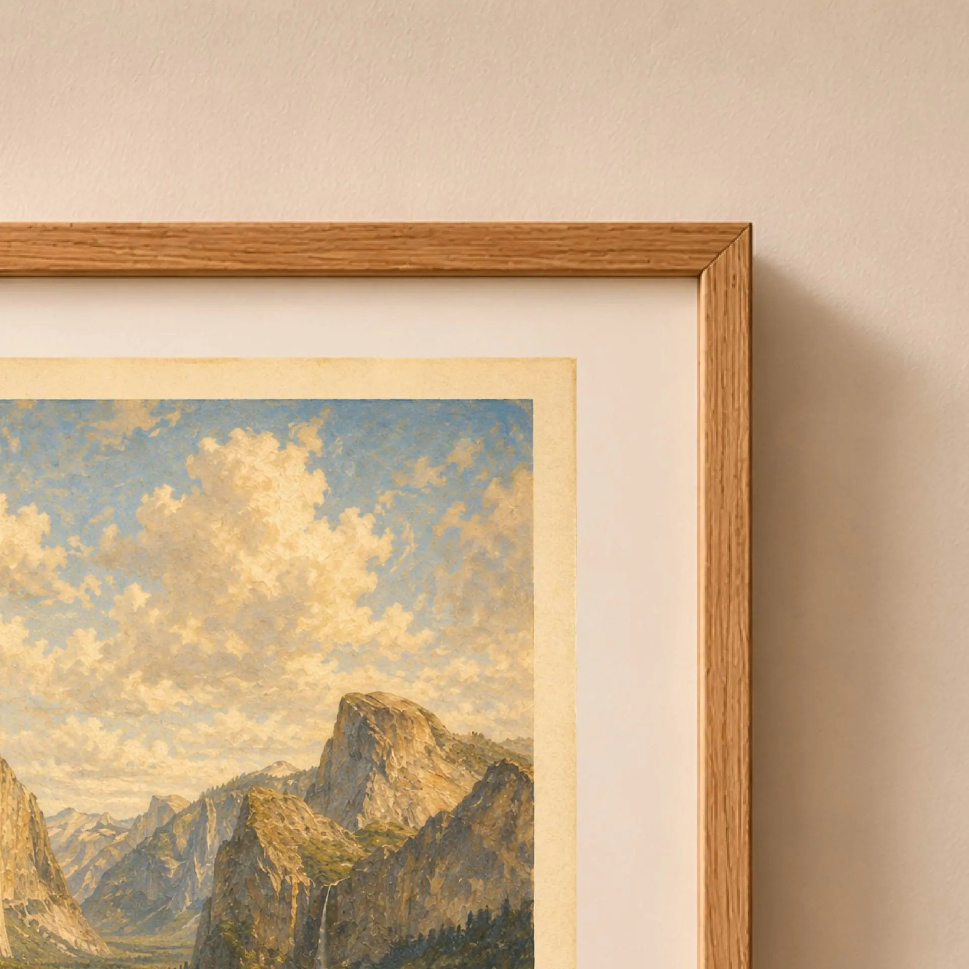 Yosemite National Park Vintage Poster Art Nature Print 6 Close up detail of framed Yosemite poster showing painted clouds Half Dome granite textures and oak frame corner.