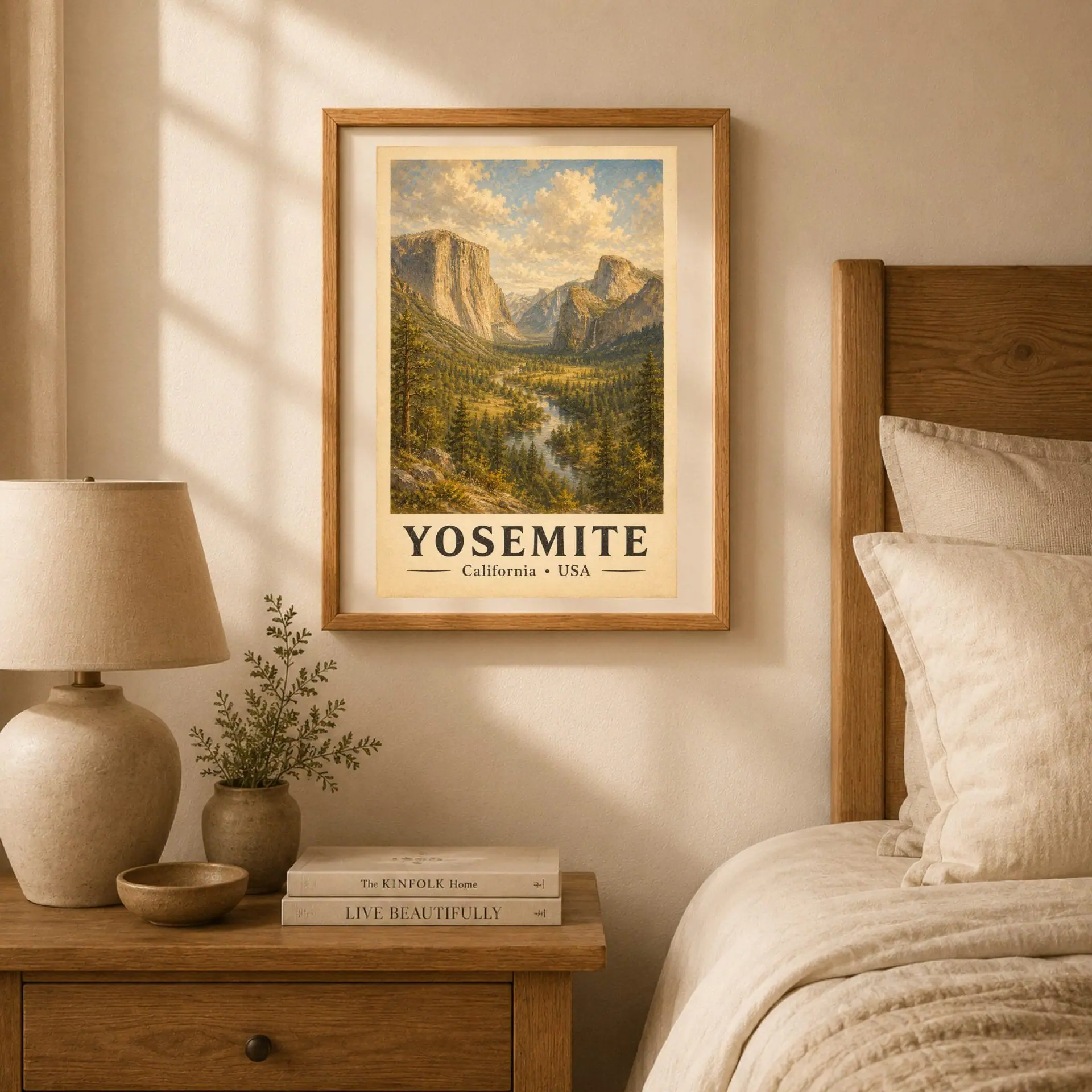 Yosemite National Park Vintage Poster Art Nature Print 3 Bedroom setup with a framed Yosemite vintage print hanging above a wooden bedside nightstand with a ceramic lamp.