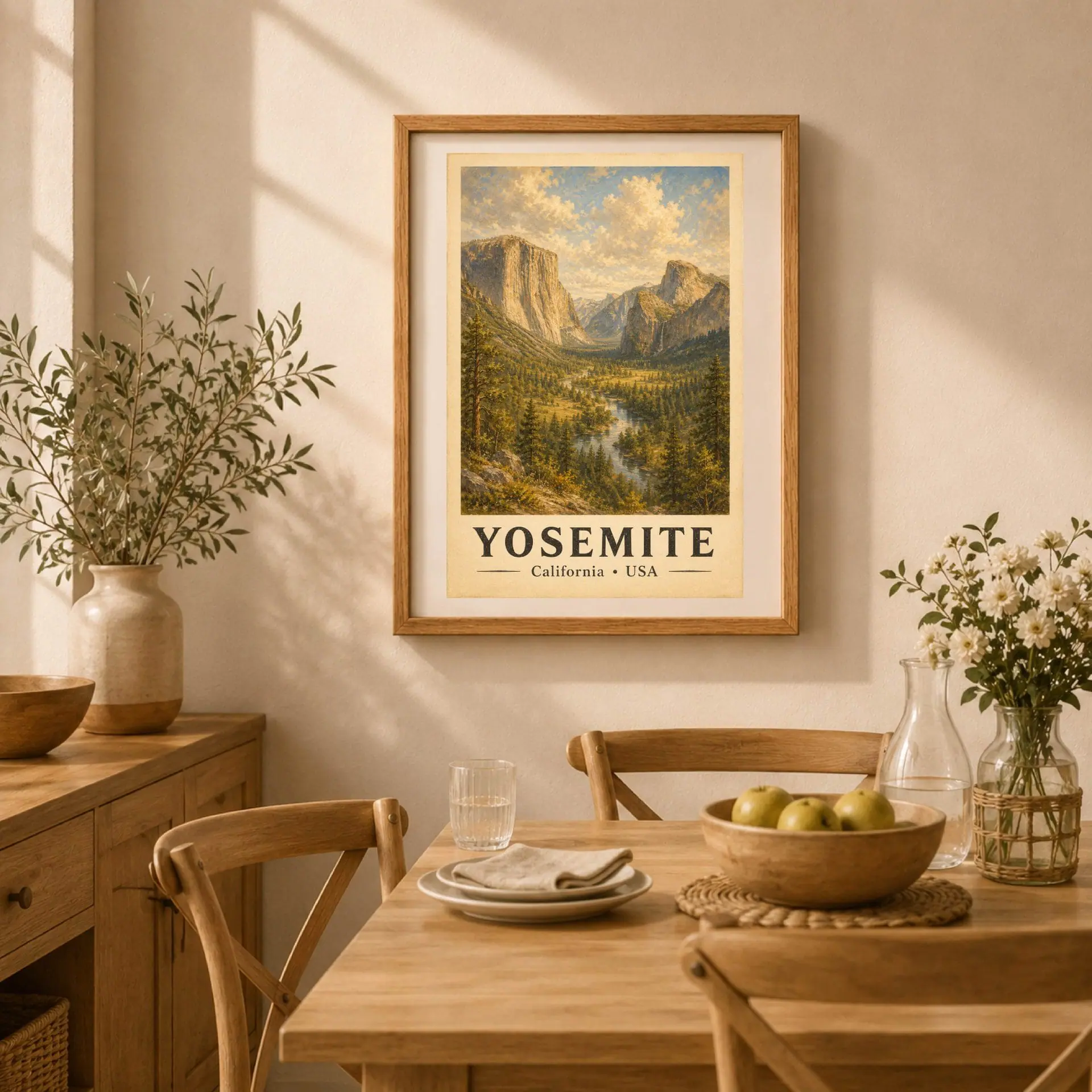 Yosemite National Park Vintage Poster Art Nature Print 5 Sunlit dining room setup with a wooden dining table and chairs beneath a framed Yosemite vintage poster.
