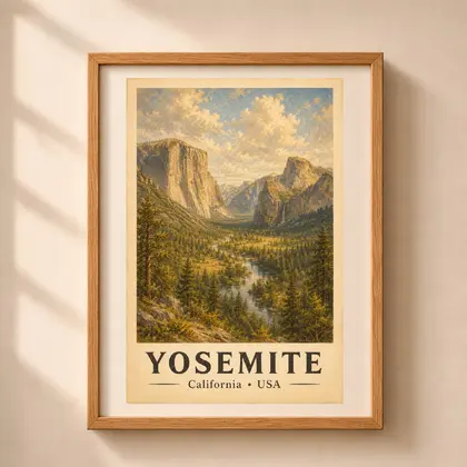 Yosemite National Park vintage poster featuring Tunnel View El Capitan and Half Dome in a light oak frame on a neutral wall.