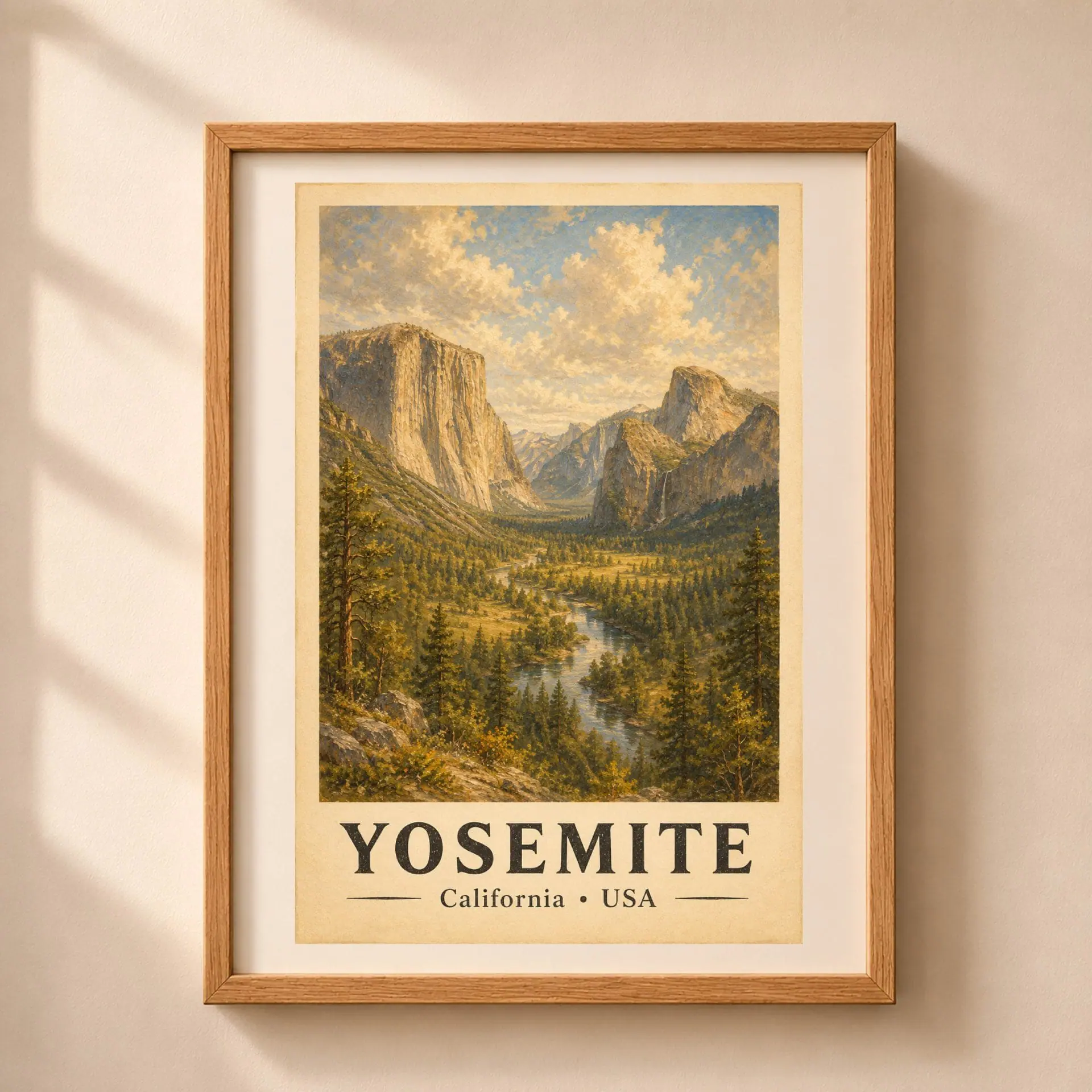 Yosemite National Park Vintage Poster Art Nature Print 1 Yosemite National Park vintage poster featuring Tunnel View El Capitan and Half Dome in a light oak frame on a neutral wall.