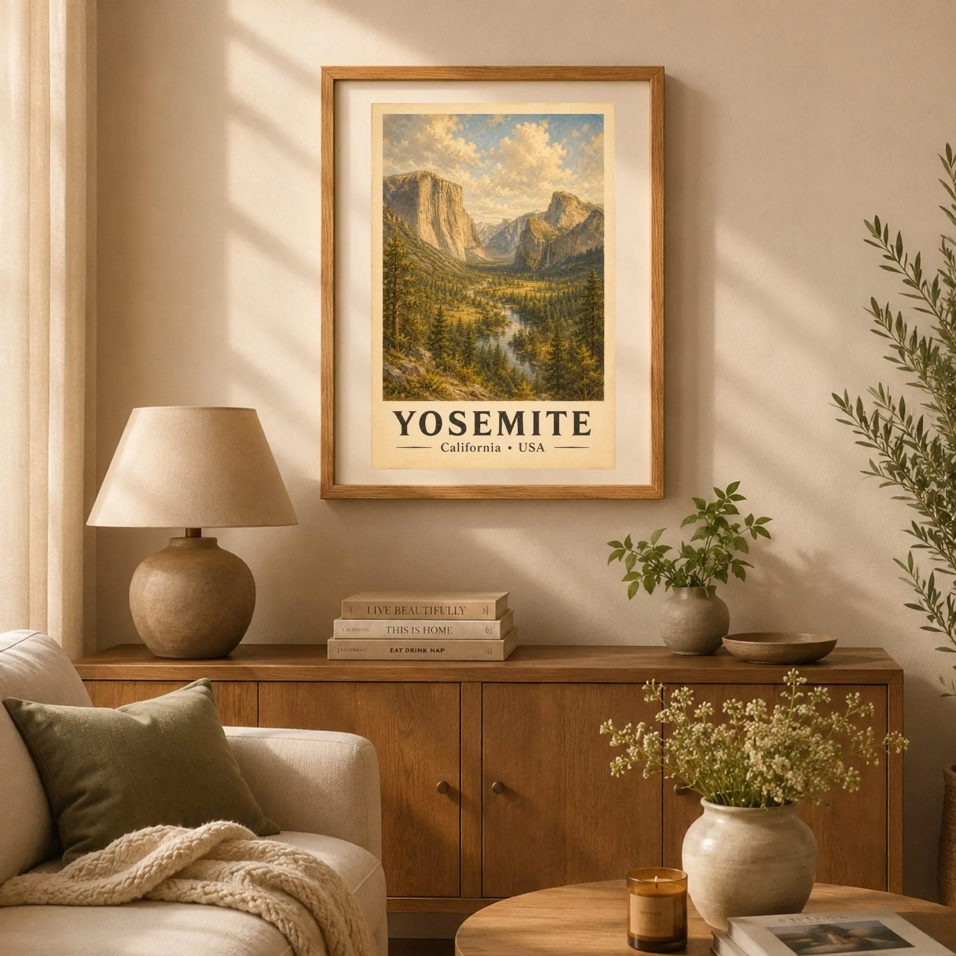 Yosemite National Park Vintage Poster Art Nature Print 2 Cozy living room interior with a framed Yosemite vintage print hanging above a wooden credenza with a table lamp and vase.