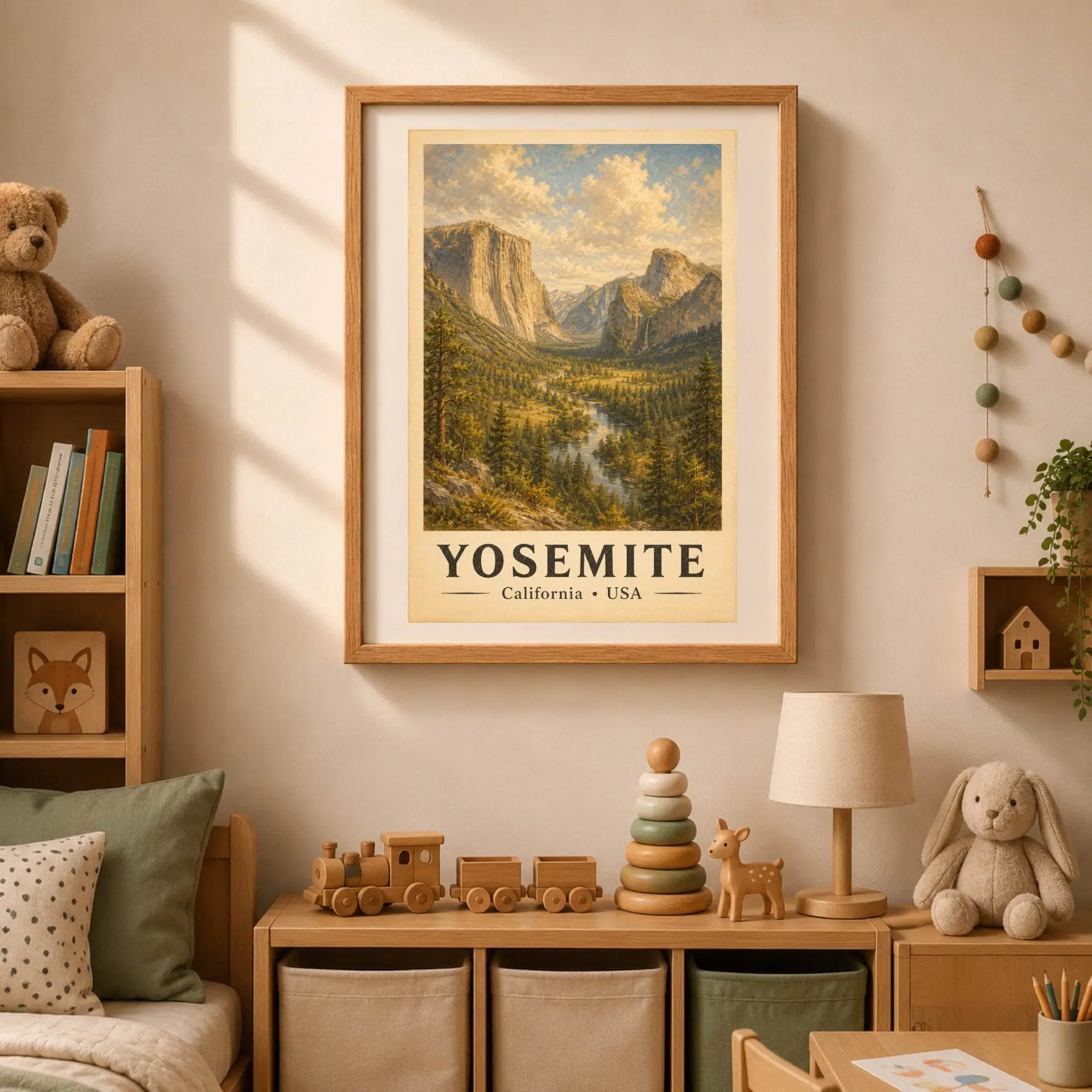 Yosemite National Park Vintage Poster Art Nature Print 4 Nursery room setup with a framed Yosemite vintage print hanging above wooden toy trains and low shelving units.