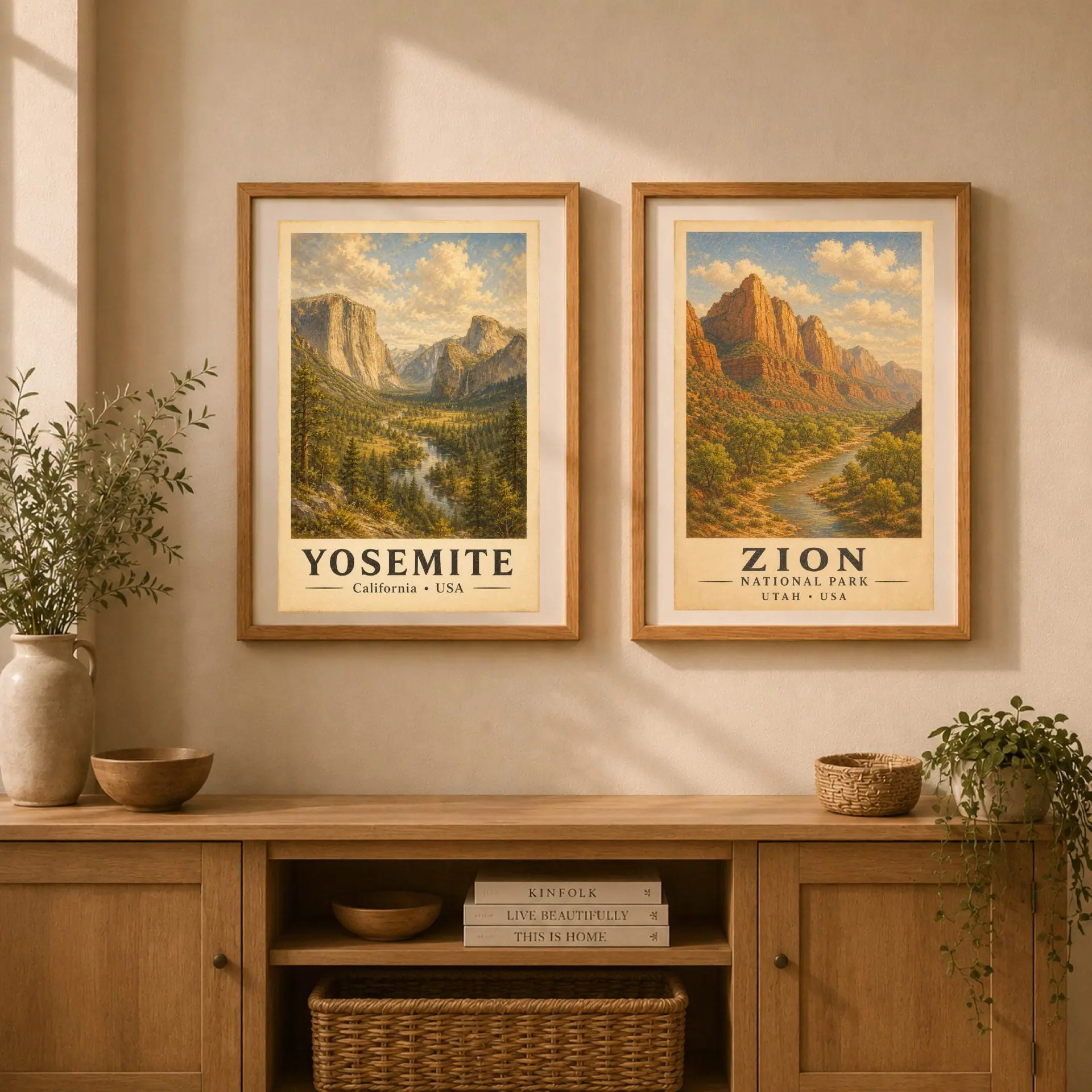 Zion National Park Vintage Poster Art Nature Print 8 Two framed national park prints side by side featuring Yosemite and Zion vintage art above a wooden console table.