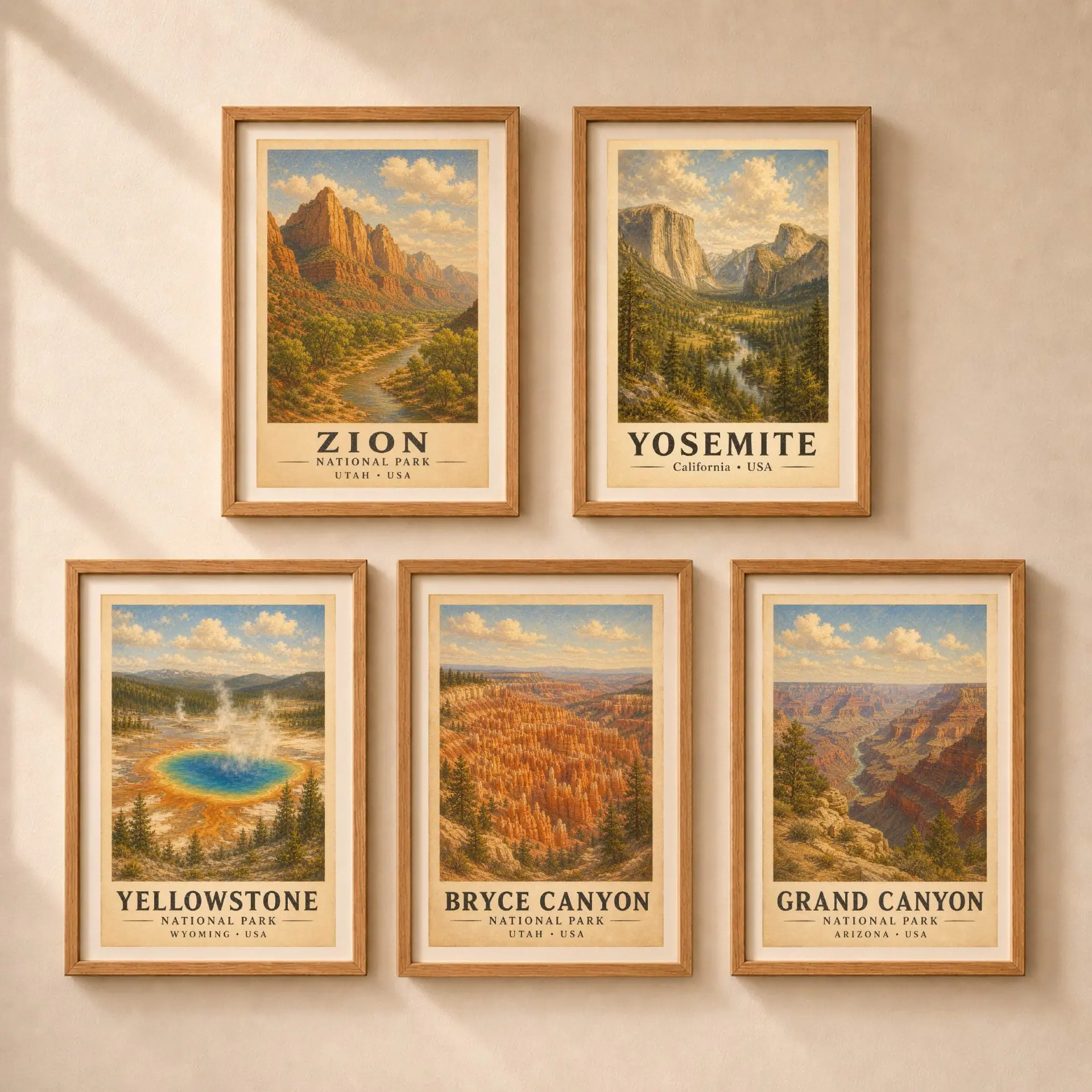 Zion National Park Vintage Poster Art Nature Print 9 Five framed national park vintage posters arranged in a gallery wall layout including Zion Yosemite Yellowstone Bryce Canyon and Grand Canyon.