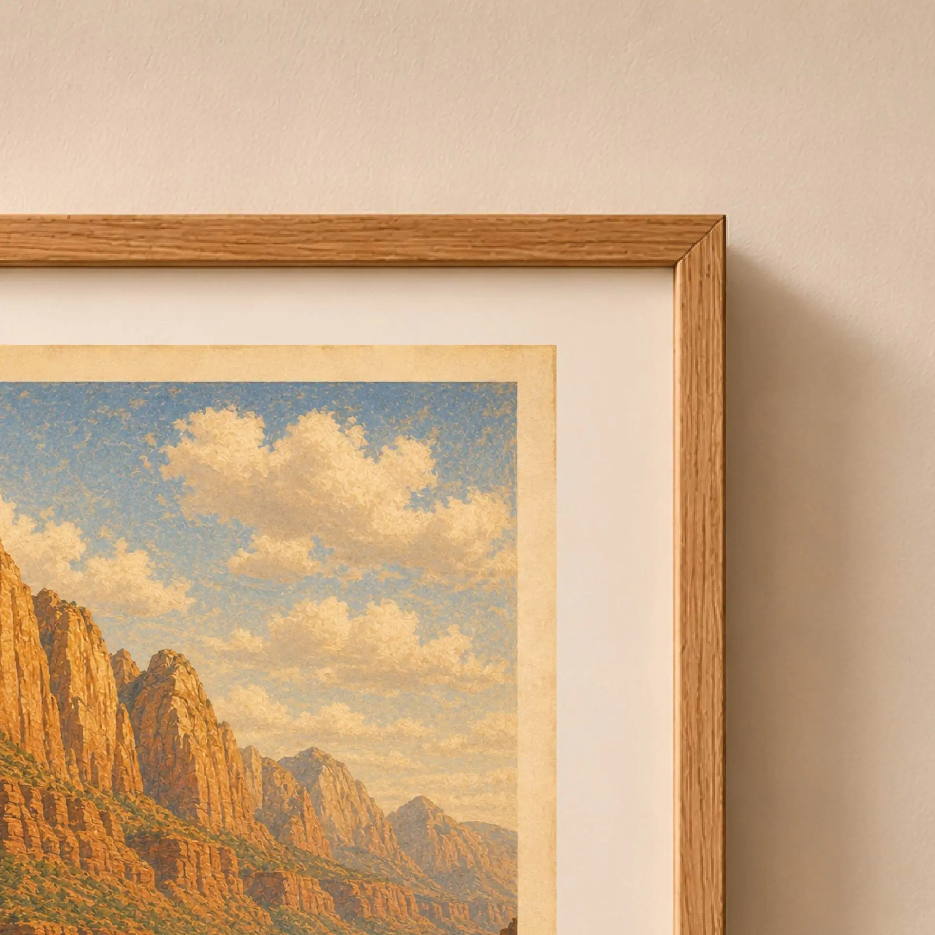Zion National Park Vintage Poster Art Nature Print 6 Close up detail of framed Zion poster showing painted clouds sky texture and oak frame corner.
