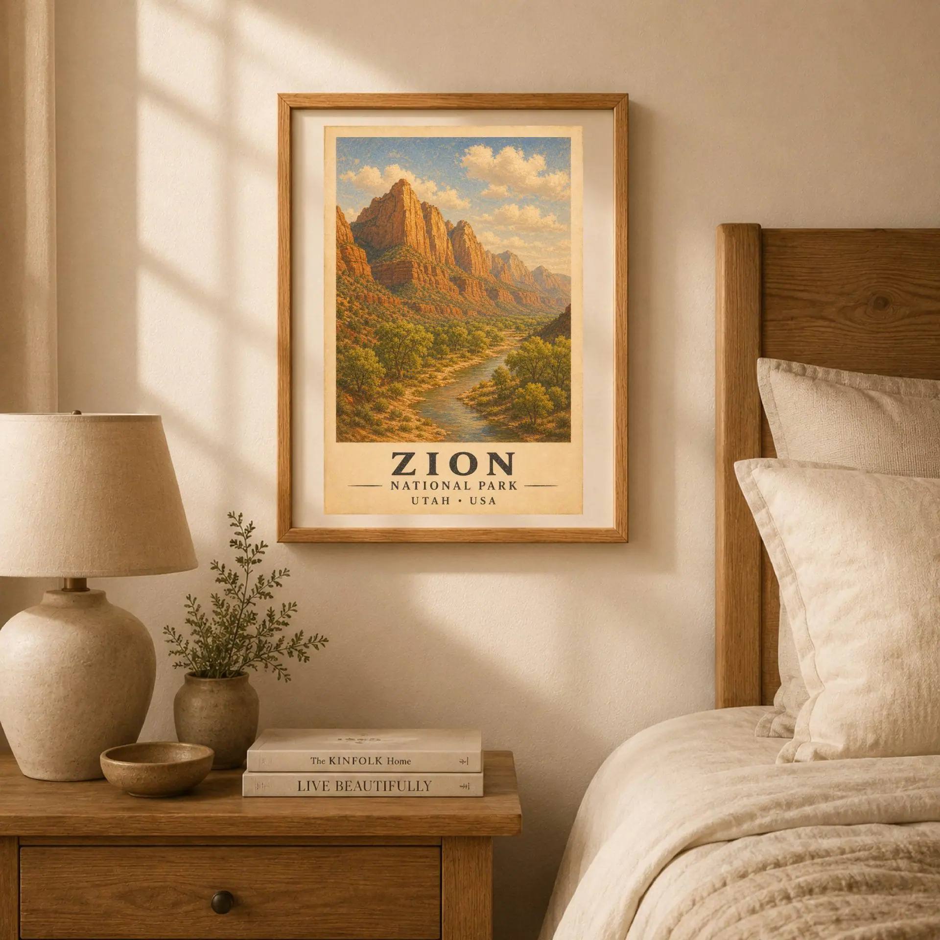 Zion National Park Vintage Poster Art Nature Print 3 Bedroom setup with a framed Zion vintage print hanging above a wooden bedside nightstand with a ceramic lamp.