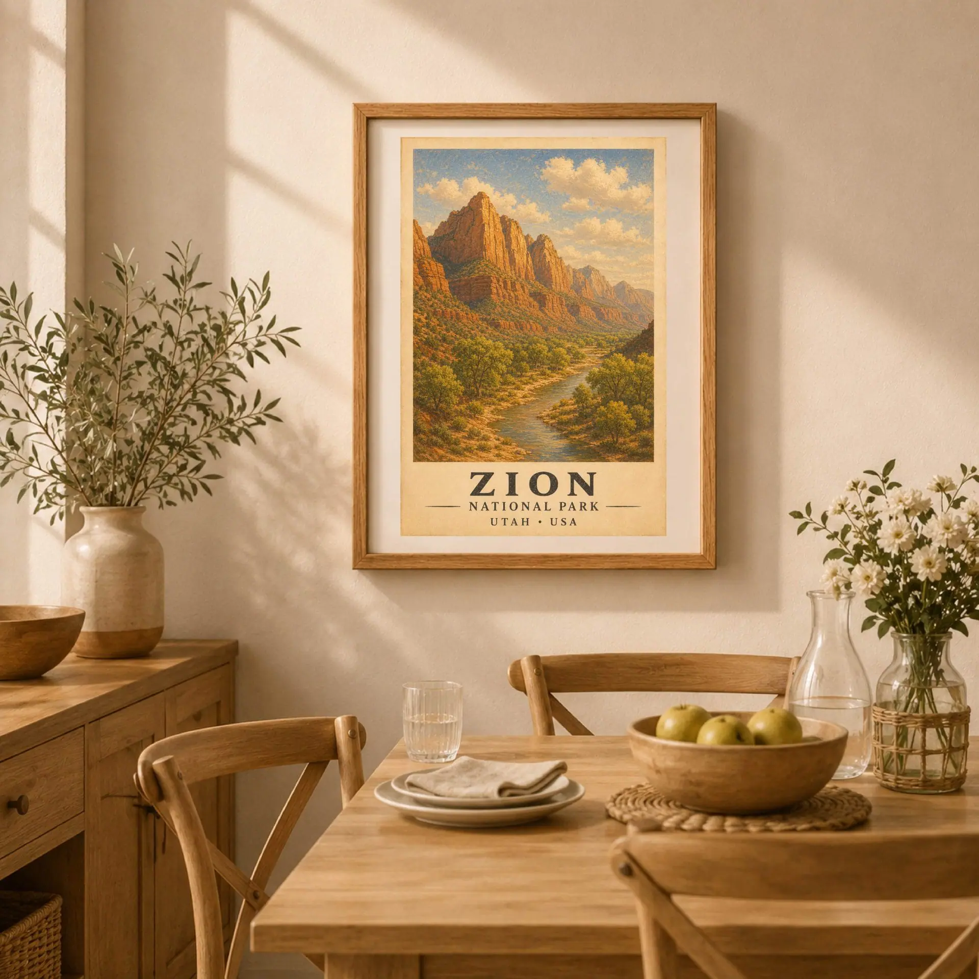 Zion National Park Vintage Poster Art Nature Print 5 Sunlit dining room setup with a wooden dining table and chairs beneath a framed Zion vintage poster.