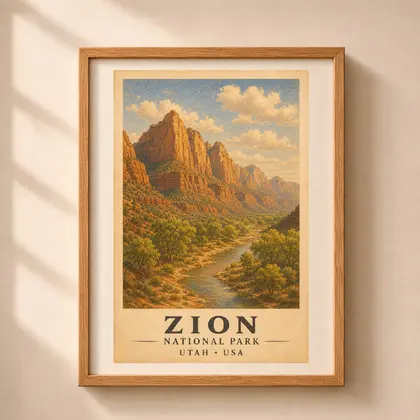 Zion National Park vintage poster featuring red sandstone cliffs and Virgin River in a light oak frame on a neutral wall.