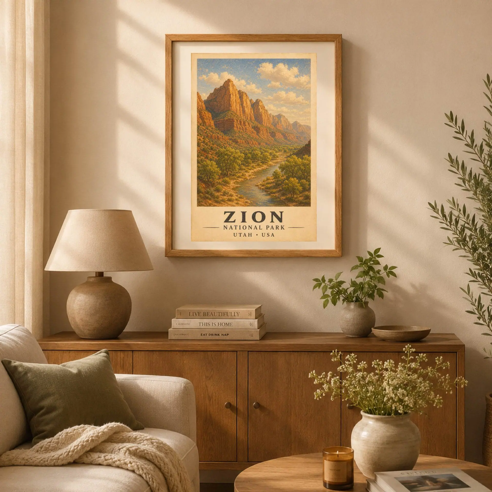 Zion National Park Vintage Poster Art Nature Print 2 Cozy living room interior with a framed Zion vintage print hanging above a wooden credenza with a table lamp and vase.