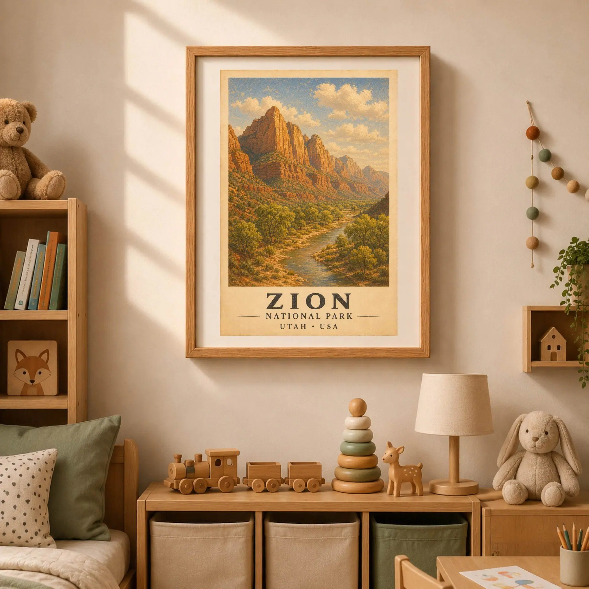 Zion National Park Vintage Poster Art Nature Print 4 Nursery room setup with a framed Zion vintage print hanging above wooden toy trains and low shelving units.