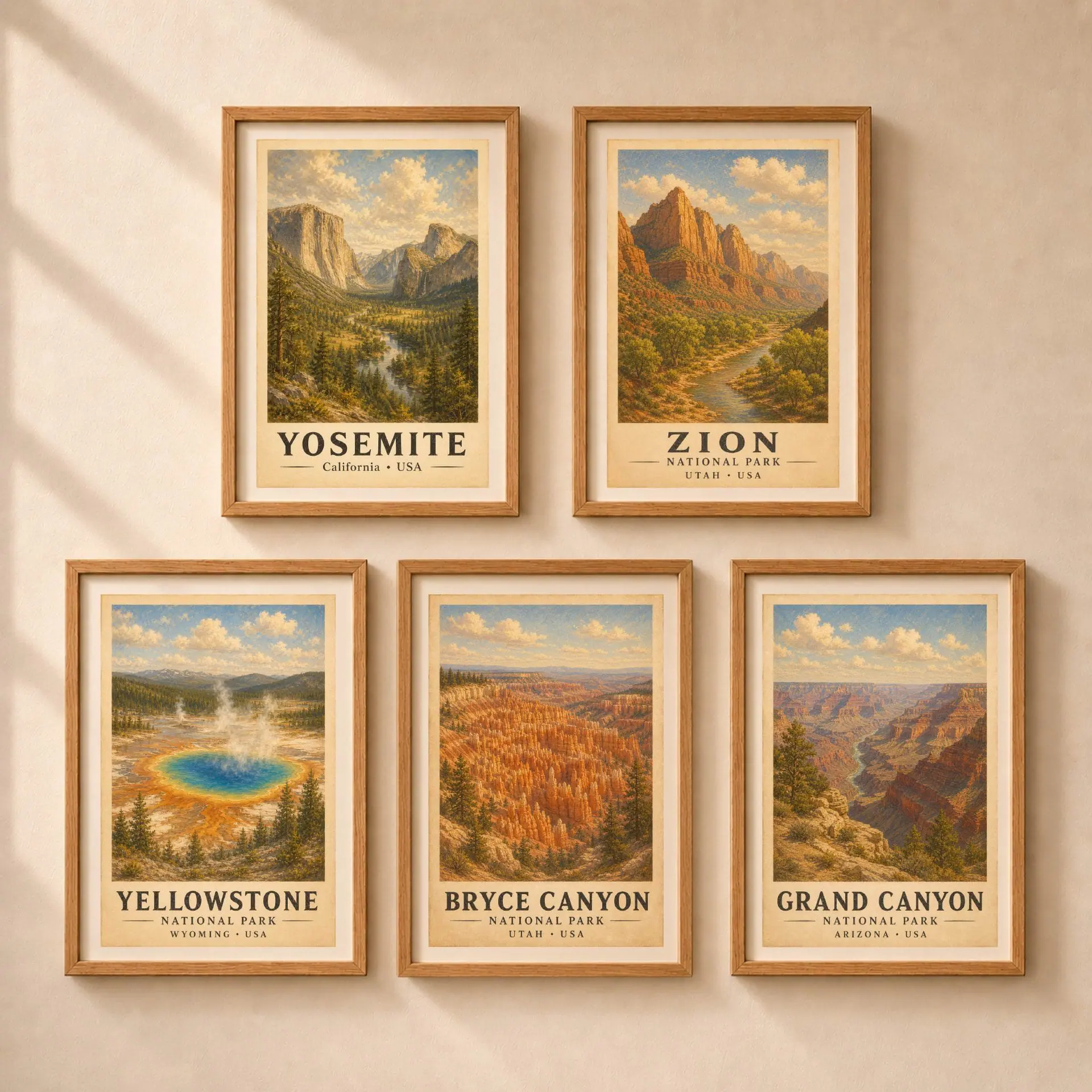 National Parks Poster Set Vintage Travel Art Prints 1 Set of 5 vintage National Parks posters in light oak frames arranged on a warm neutral wall including Yosemite Zion Yellowstone Bryce and Grand Canyon.