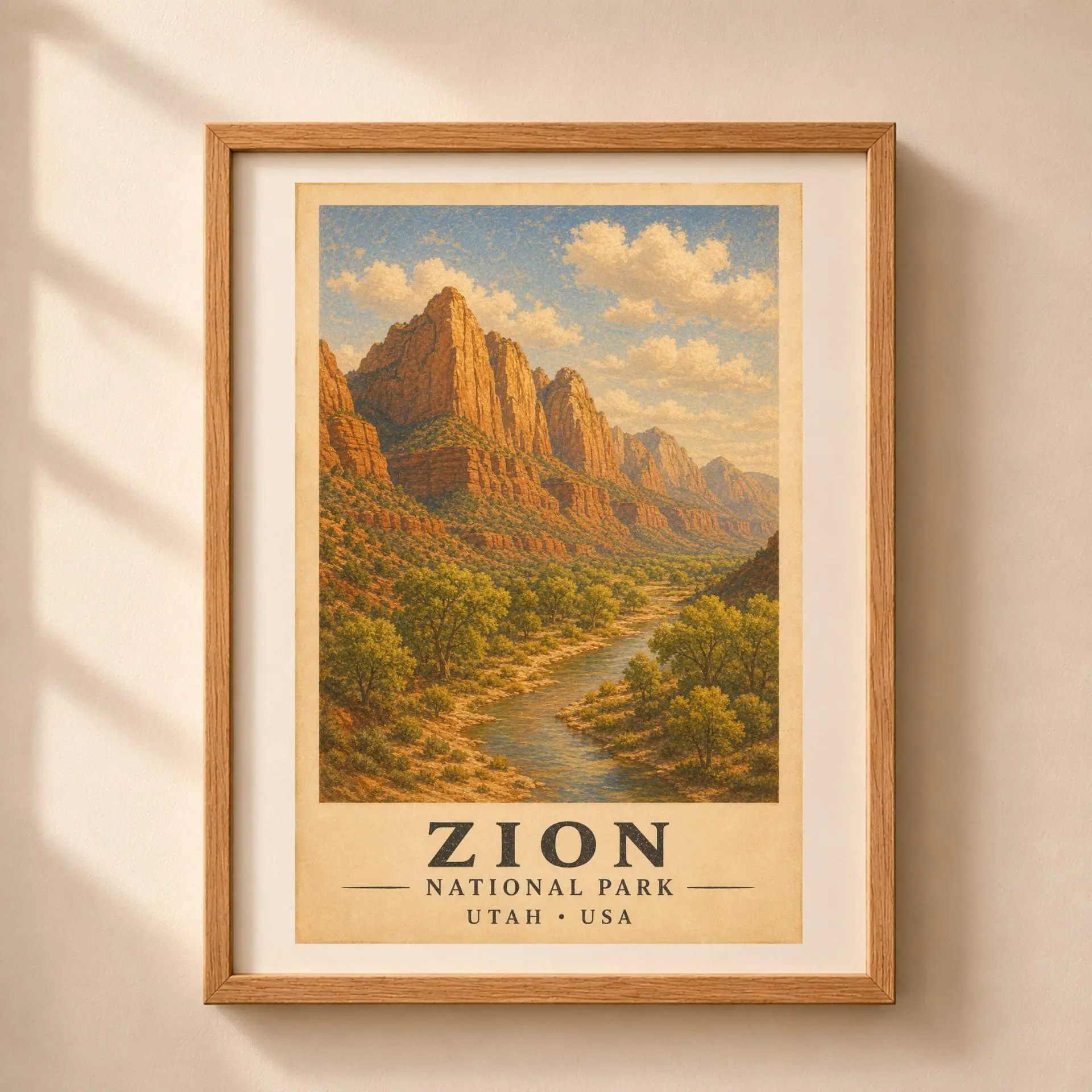 National Parks Poster Set Vintage Travel Art Prints 6 Zion National Park vintage poster showing red sandstone mountains and river valley in a light oak frame.