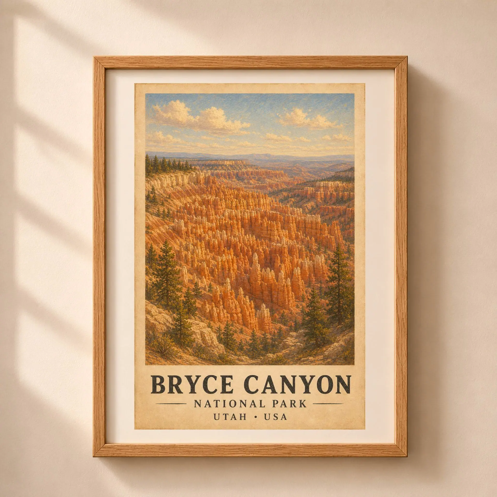National Parks Poster Set Vintage Travel Art Prints 2 Bryce Canyon National Park vintage poster featuring orange hoodoos in a light oak frame on a neutral wall.