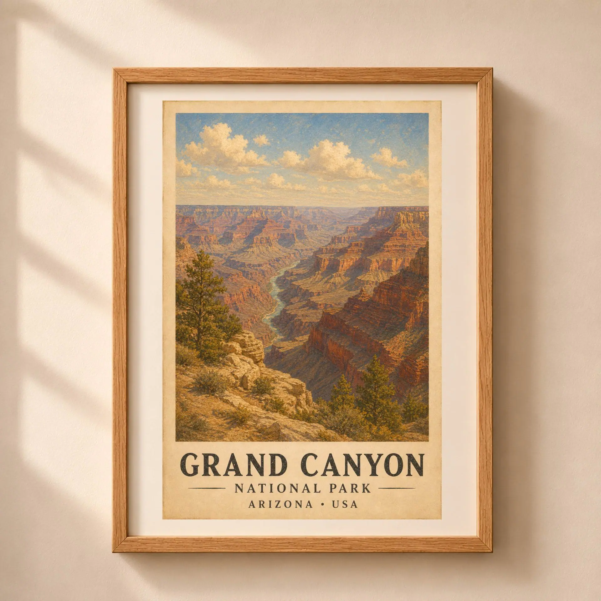 National Parks Poster Set Vintage Travel Art Prints 3 Grand Canyon National Park vintage poster featuring canyon views and Colorado river in a light oak frame.