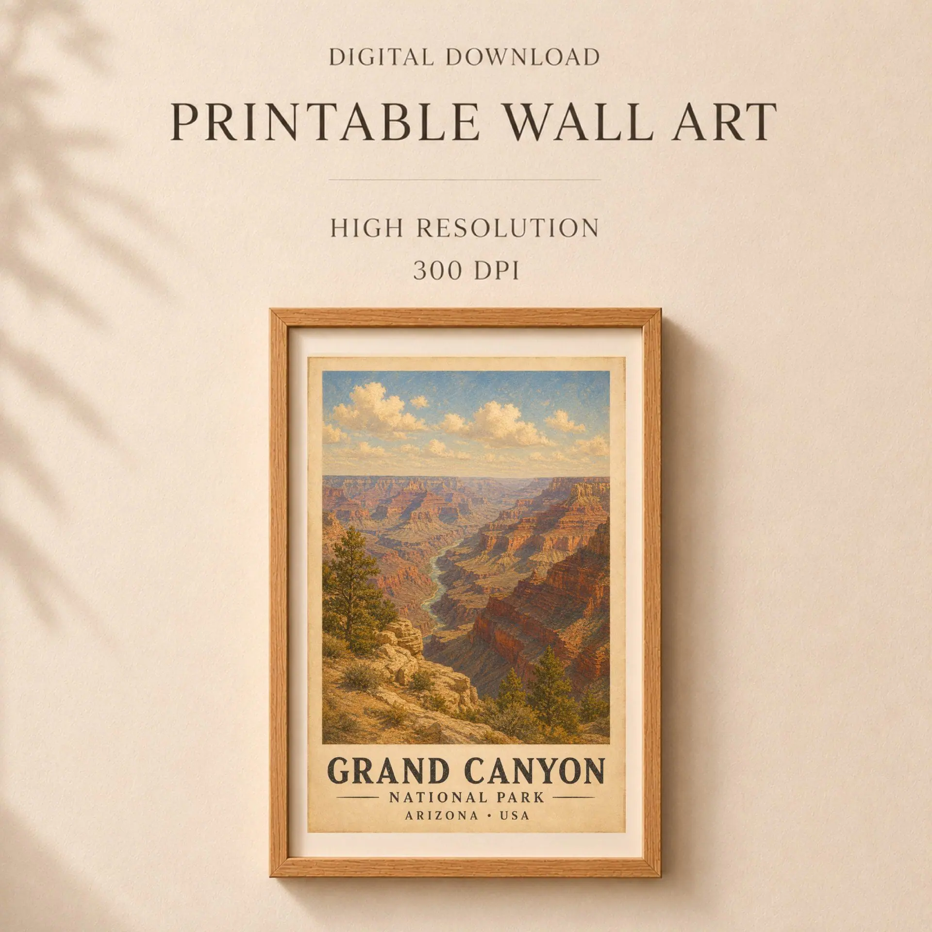 National Parks Poster Set Vintage Travel Art Prints 7 Informational graphic with framed Grand Canyon print stating printable wall art high resolution 300 DPI set of 5.