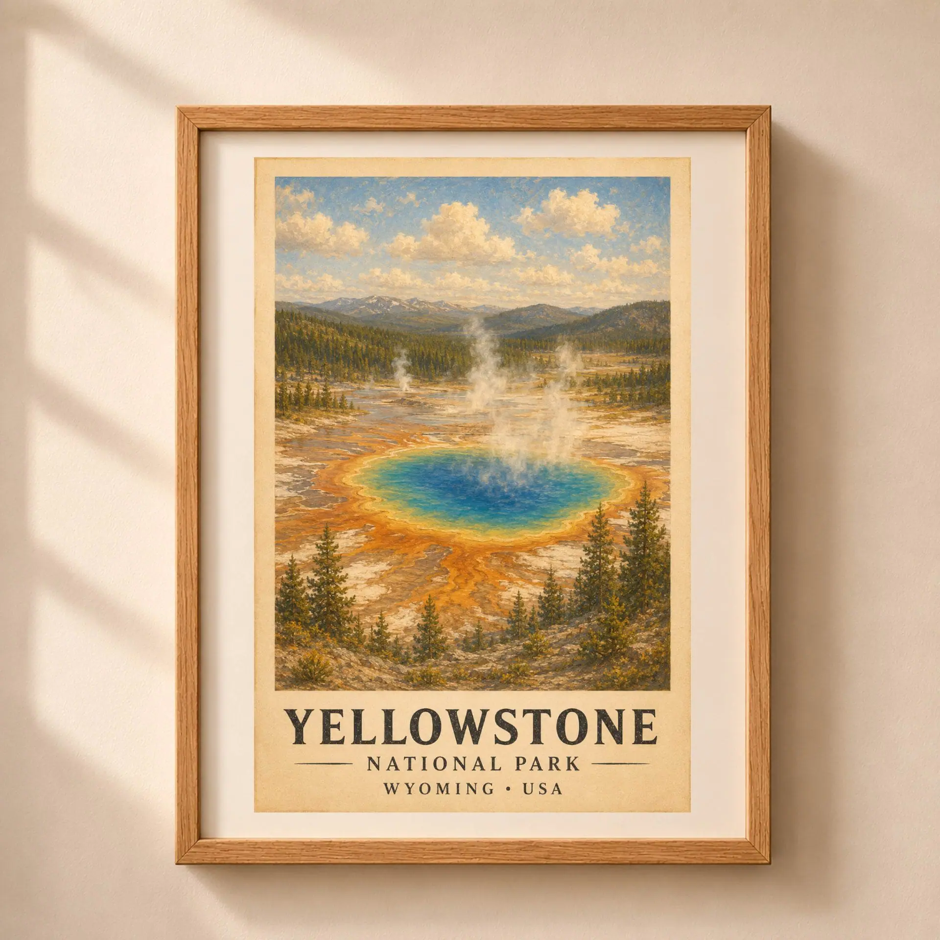 National Parks Poster Set Vintage Travel Art Prints 4 Yellowstone National Park vintage poster showing Grand Prismatic Spring in a light oak frame on a beige wall.