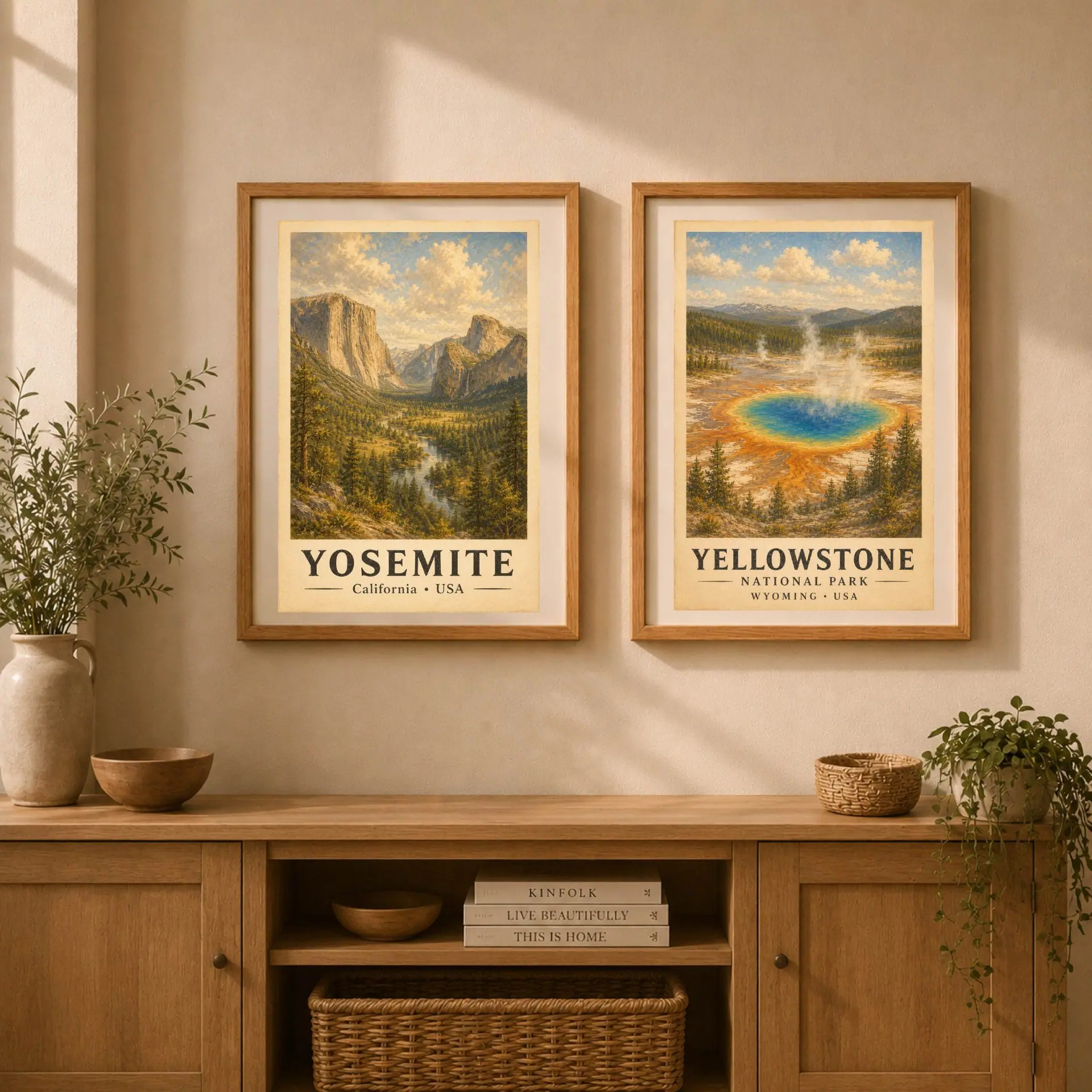 National Parks Poster Set Vintage Travel Art Prints 8 Two framed national park prints side by side featuring Yosemite and Yellowstone vintage art above a wooden cabinet.