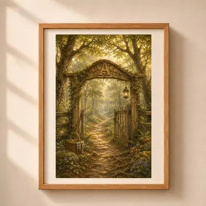 Framed Letter A Monogram Woodland Wall Art print with carved wooden arch lantern and forest path