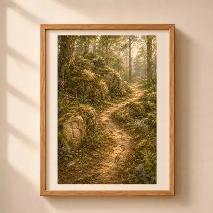 Framed Letter B Monogram Woodland Wall Art print with engraved stone marker and mossy forest path