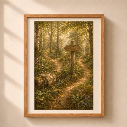 Framed Letter C Monogram Woodland Wall Art print showing carved wooden direction sign at a forest path junction