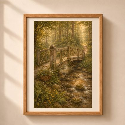 Framed Letter D Monogram Woodland Wall Art print showing a wooden bridge post carved with initial D over a stream