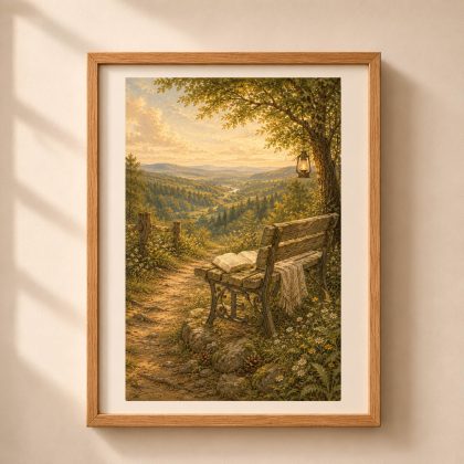 Framed Letter E Monogram Woodland Wall Art print showing a wooden bench with wrought iron initial E overlooking a valley