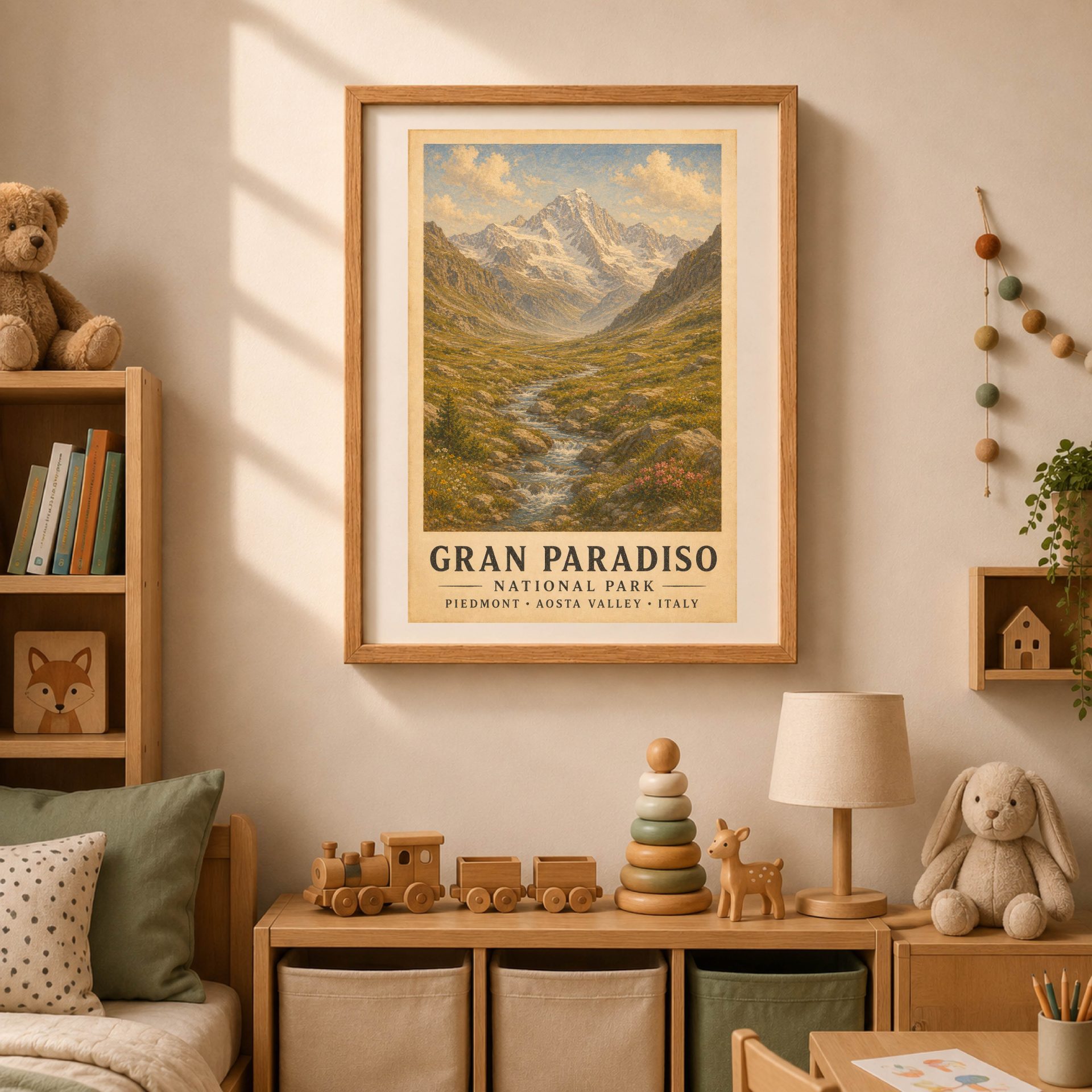 Gran Paradiso National Park Poster Vintage Print Art Wall Decor 4 Framed Gran Paradiso mountain poster hanging on a beige wall in a cozy room above wooden toy storage, a teddy bear, and oak shelving.