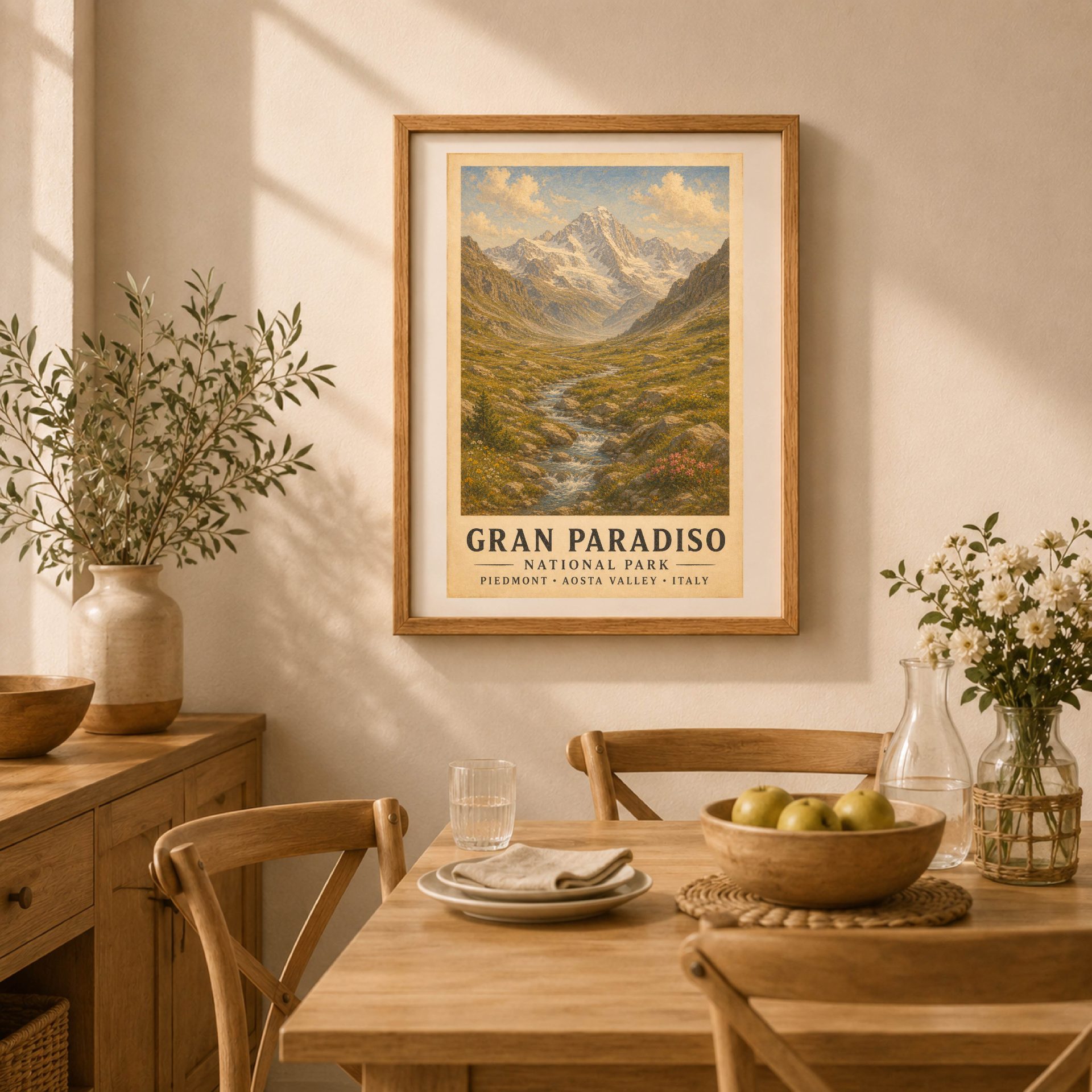 Gran Paradiso National Park Poster Vintage Print Art Wall Decor 5 Framed Gran Paradiso national park poster hanging in a sunlit dining area above a wooden table with chairs, glass bottle, and fresh white flowers.
