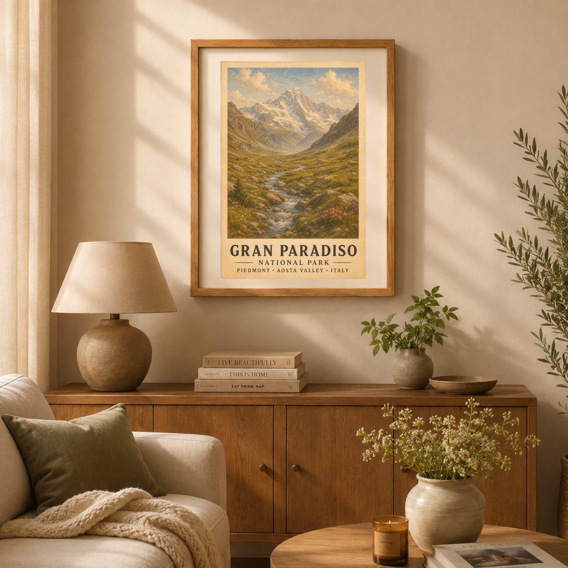 Gran Paradiso National Park Poster Vintage Print Art Wall Decor 2 Framed vintage Gran Paradiso mountain poster hanging above a wooden console table in a cozy living room with a table lamp, stacked books, and green houseplants.