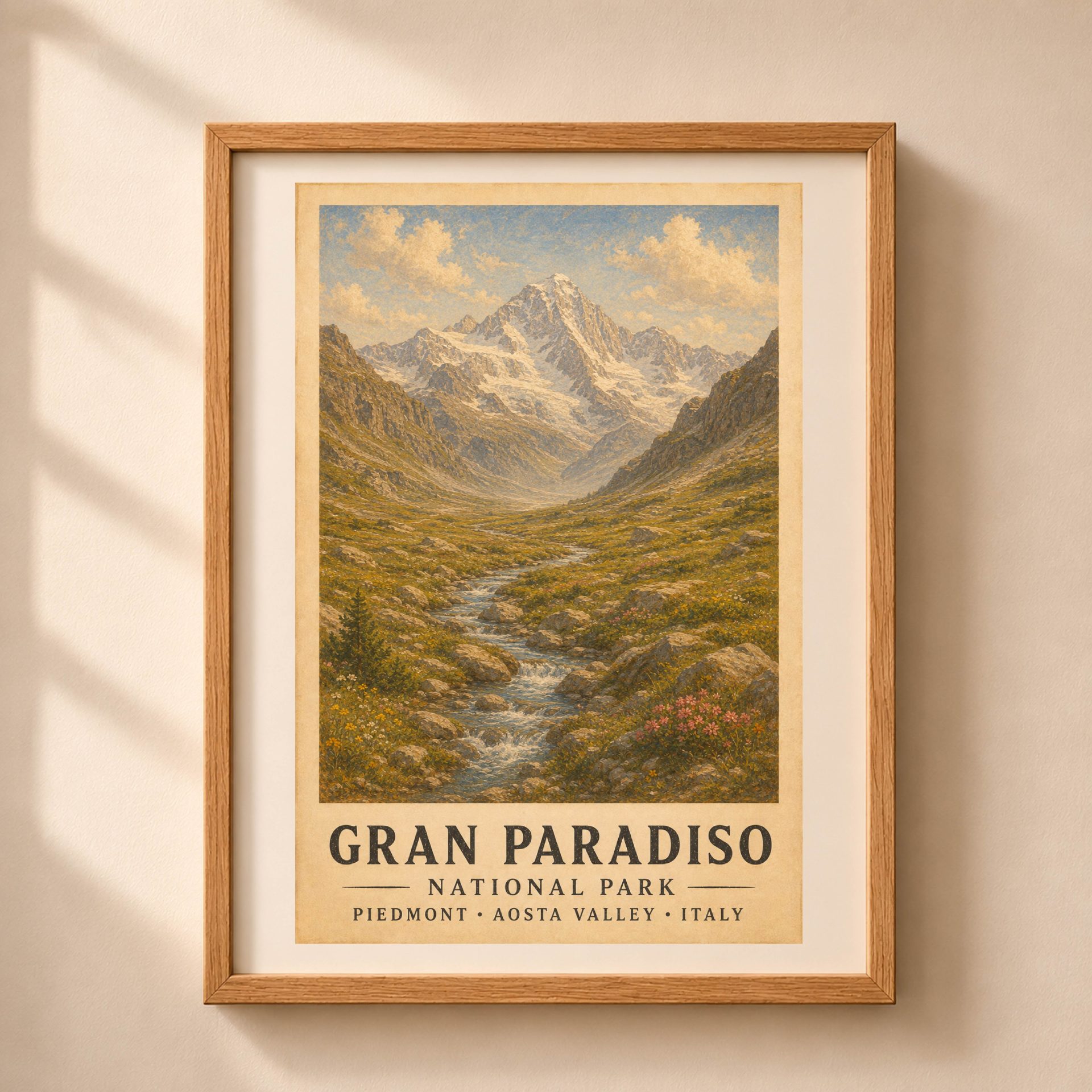 Gran Paradiso National Park Poster Vintage Print Art Wall Decor 1 Vertical framed art print of Gran Paradiso National Park featuring a snow-covered mountain peak, alpine valley stream, and wildflowers in a light oak frame on a beige wall.