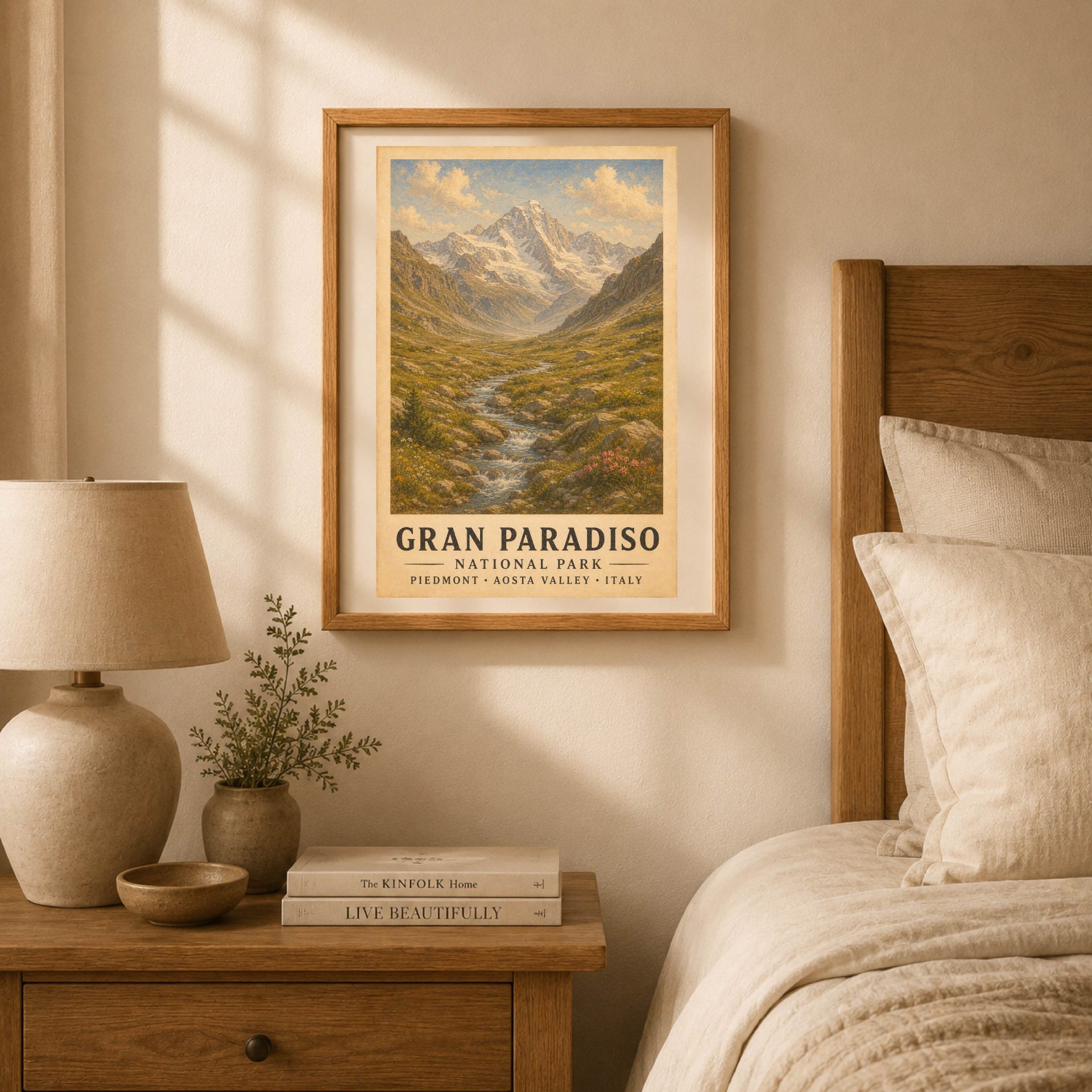 Gran Paradiso National Park Poster Vintage Print Art Wall Decor 3 Gran Paradiso National Park poster in a wooden frame hanging on a bedroom wall beside an oak nightstand, ceramic lamp, and beige linen bedding.