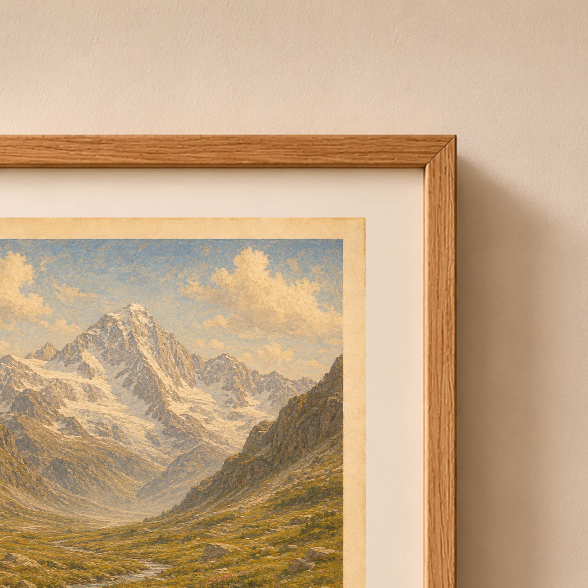 Gran Paradiso National Park Poster Vintage Print Art Wall Decor 6 Close-up of the oak frame top corner and vintage poster artwork highlighting oil painting texture, snowy mountain peak, and soft blue clouds.