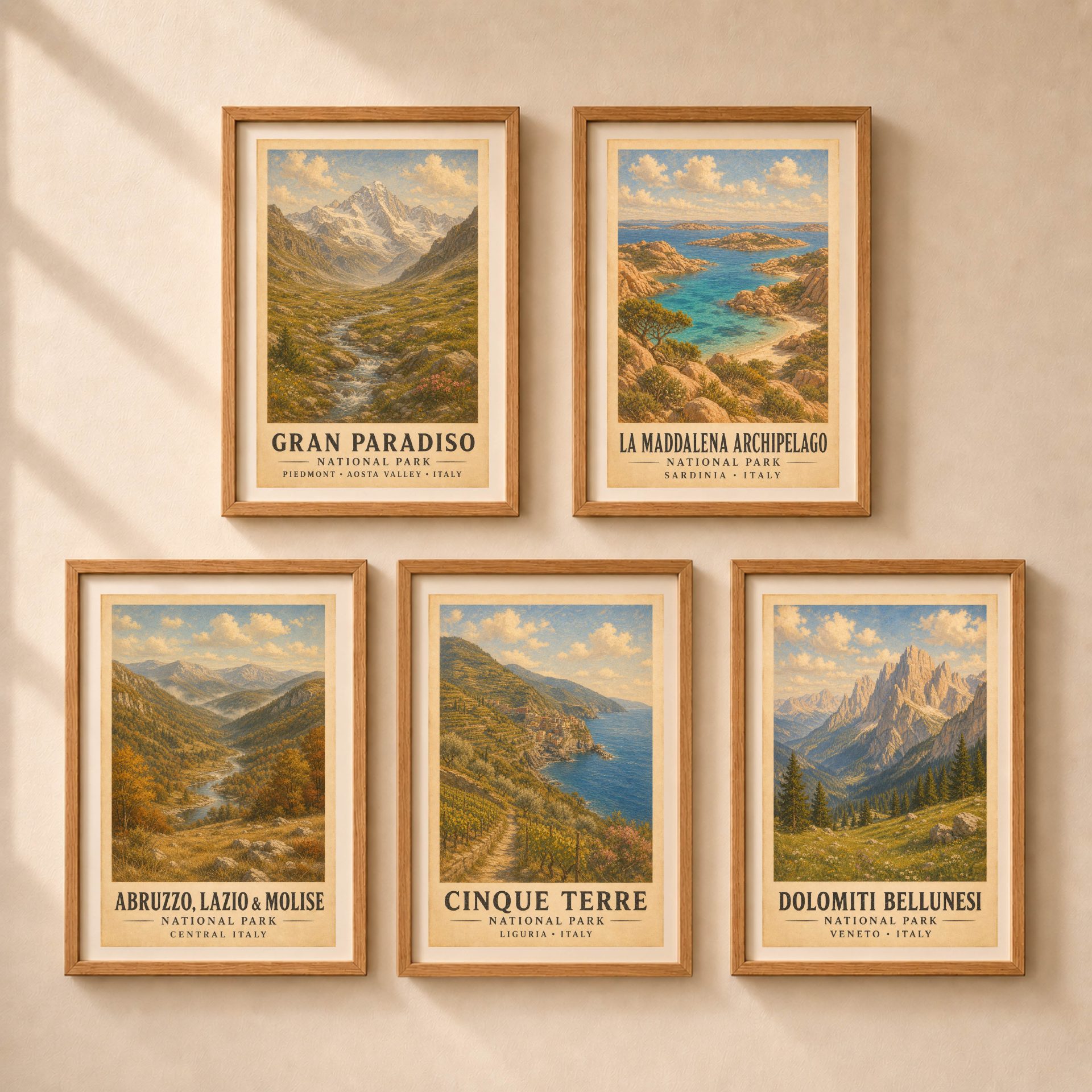 Gran Paradiso National Park Poster Vintage Print Art Wall Decor 9 Gallery wall set of five framed vintage posters featuring Gran Paradiso, La Maddalena Archipelago, Abruzzo, Cinque Terre, and Dolomiti Bellunesi National Parks.